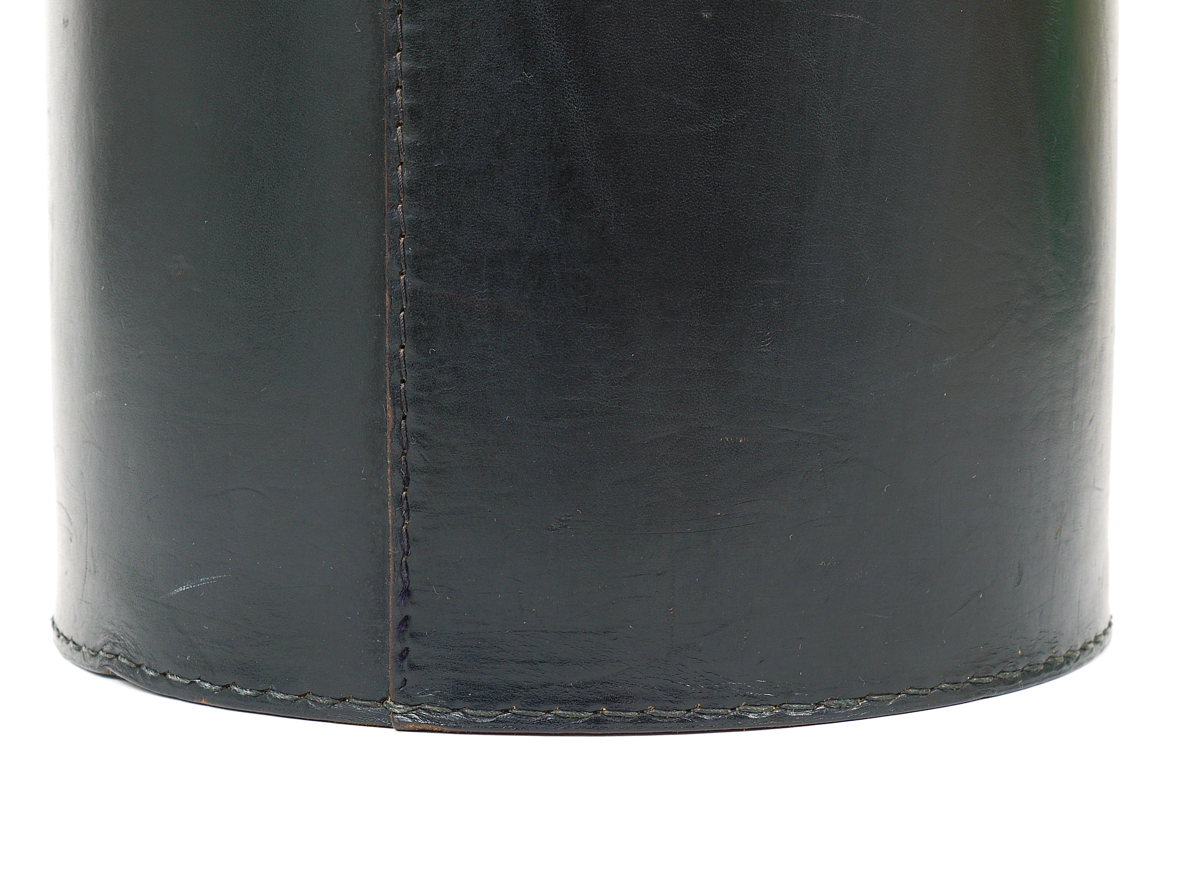 Midcentury Carl Auböck Black Leather Wastepaper Basket, Austria, 1950s In Good Condition In Vienna, AT