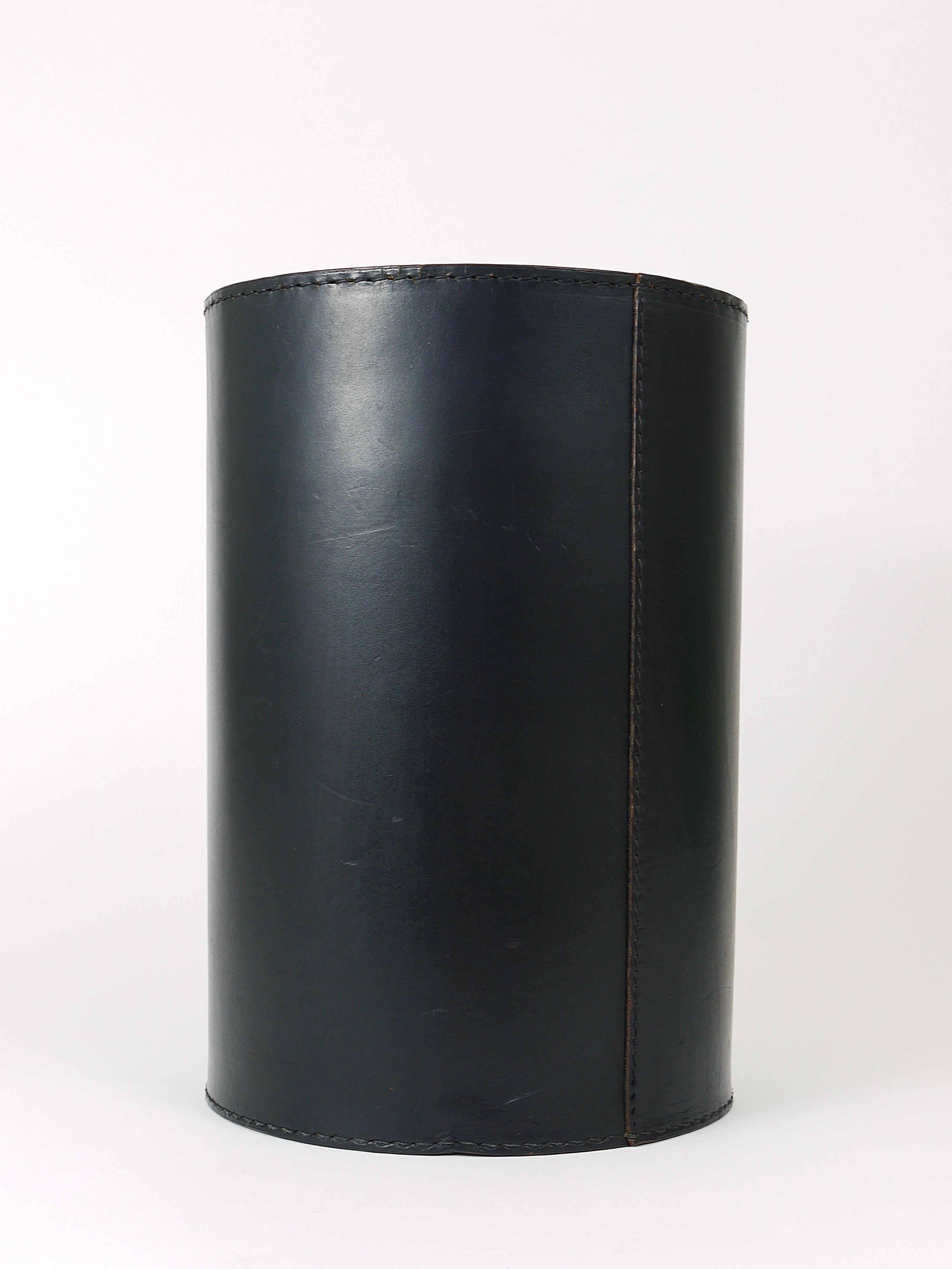 20th Century Midcentury Carl Auböck Black Leather Wastepaper Basket, Austria, 1950s