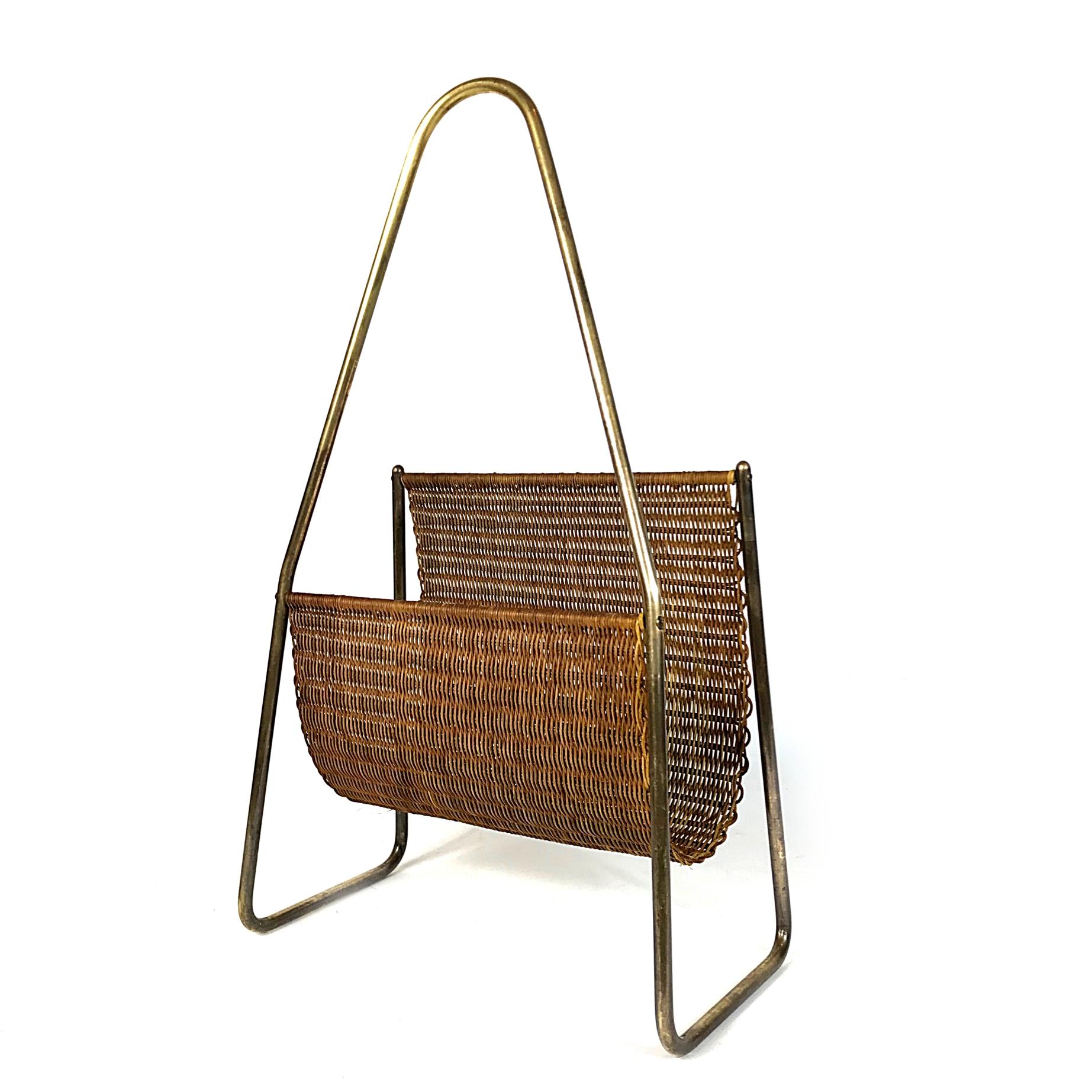 Mid-Century Modern Midcentury Carl Auböck Brass and Rattan Magazine Rack Stand, 1950s, Austria