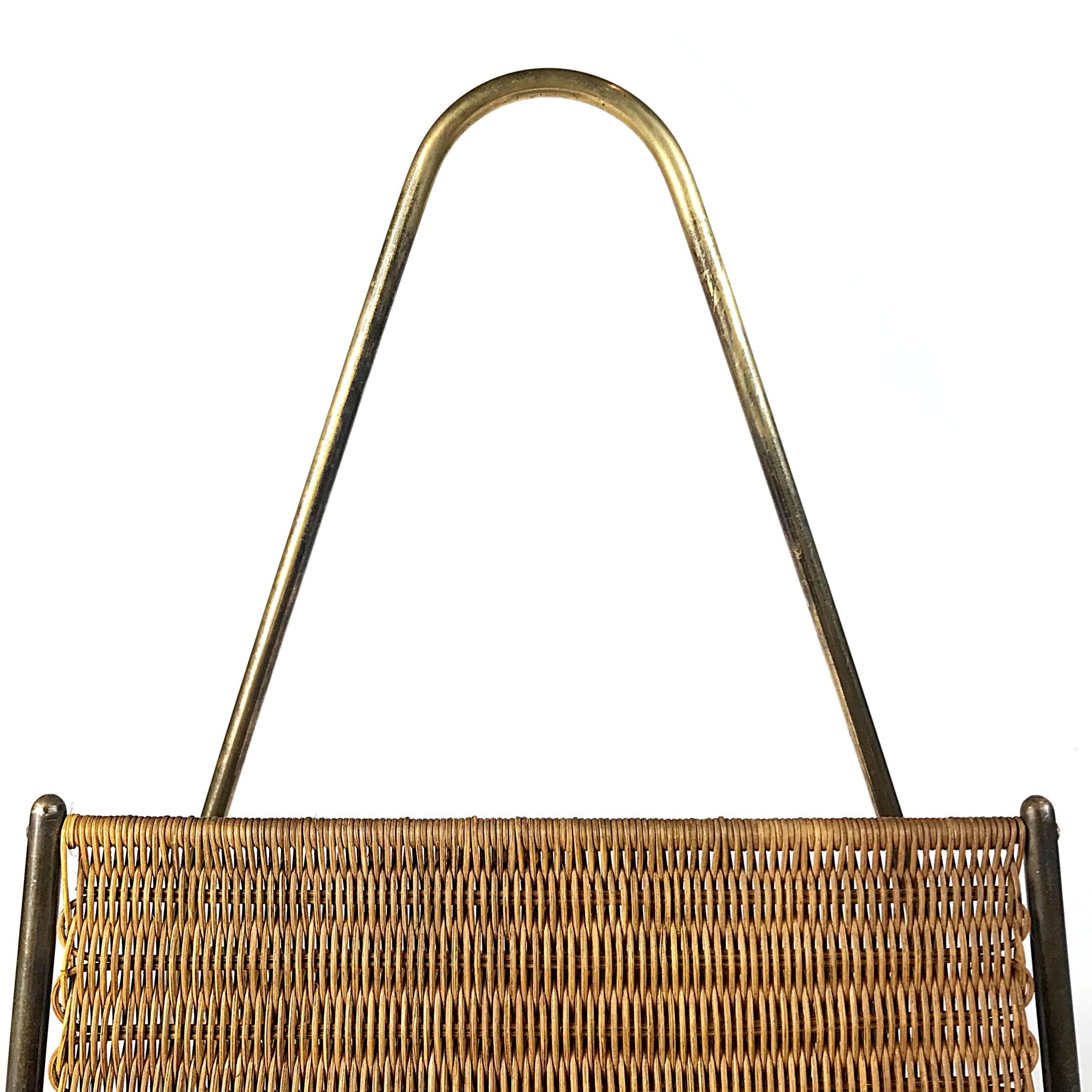 Patinated Midcentury Carl Auböck Brass and Rattan Magazine Rack Stand, 1950s, Austria