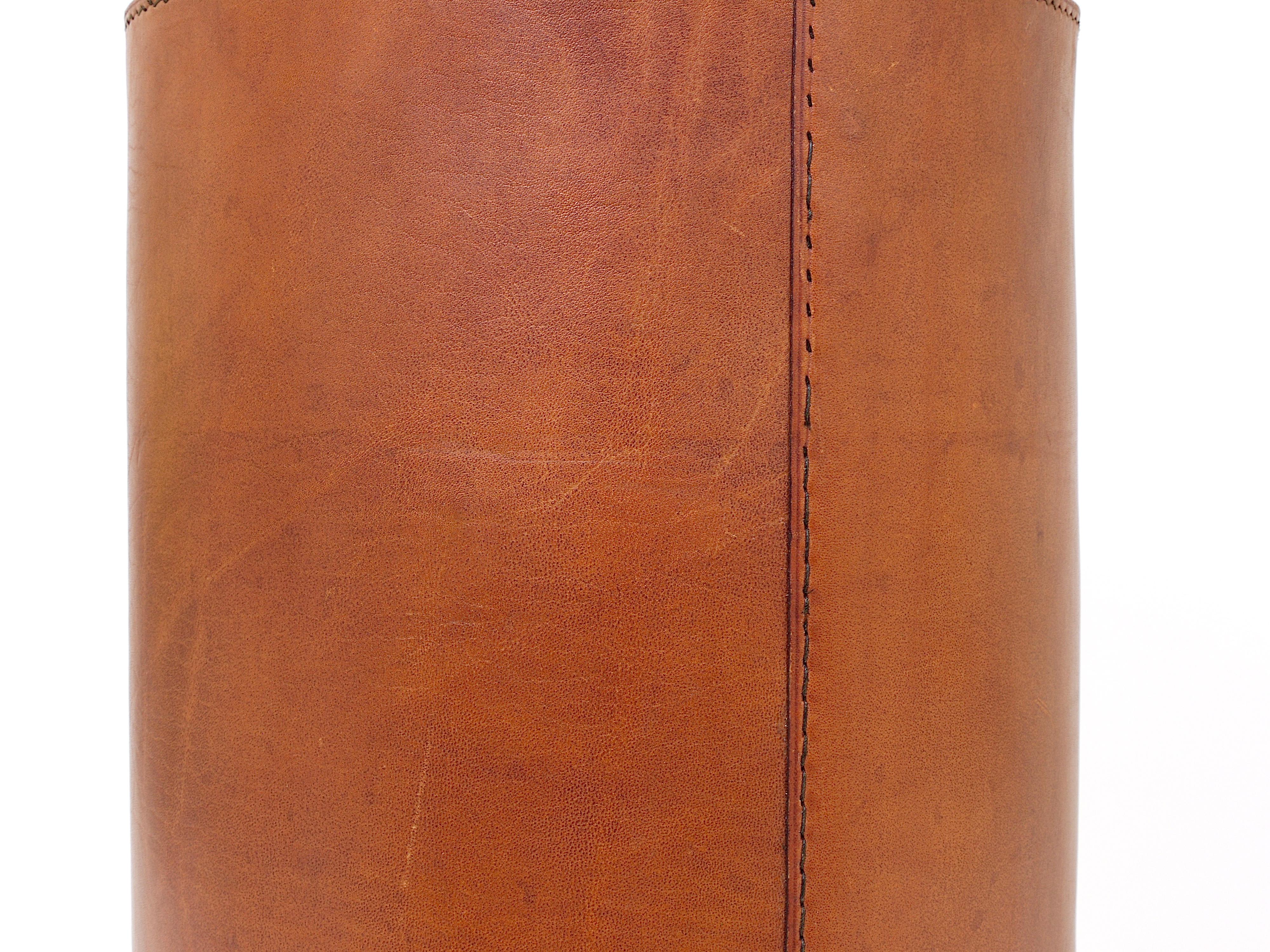 Midcentury Carl Auböck Brown Tan Leather Wastepaper Basket, Austria, 1950s 5