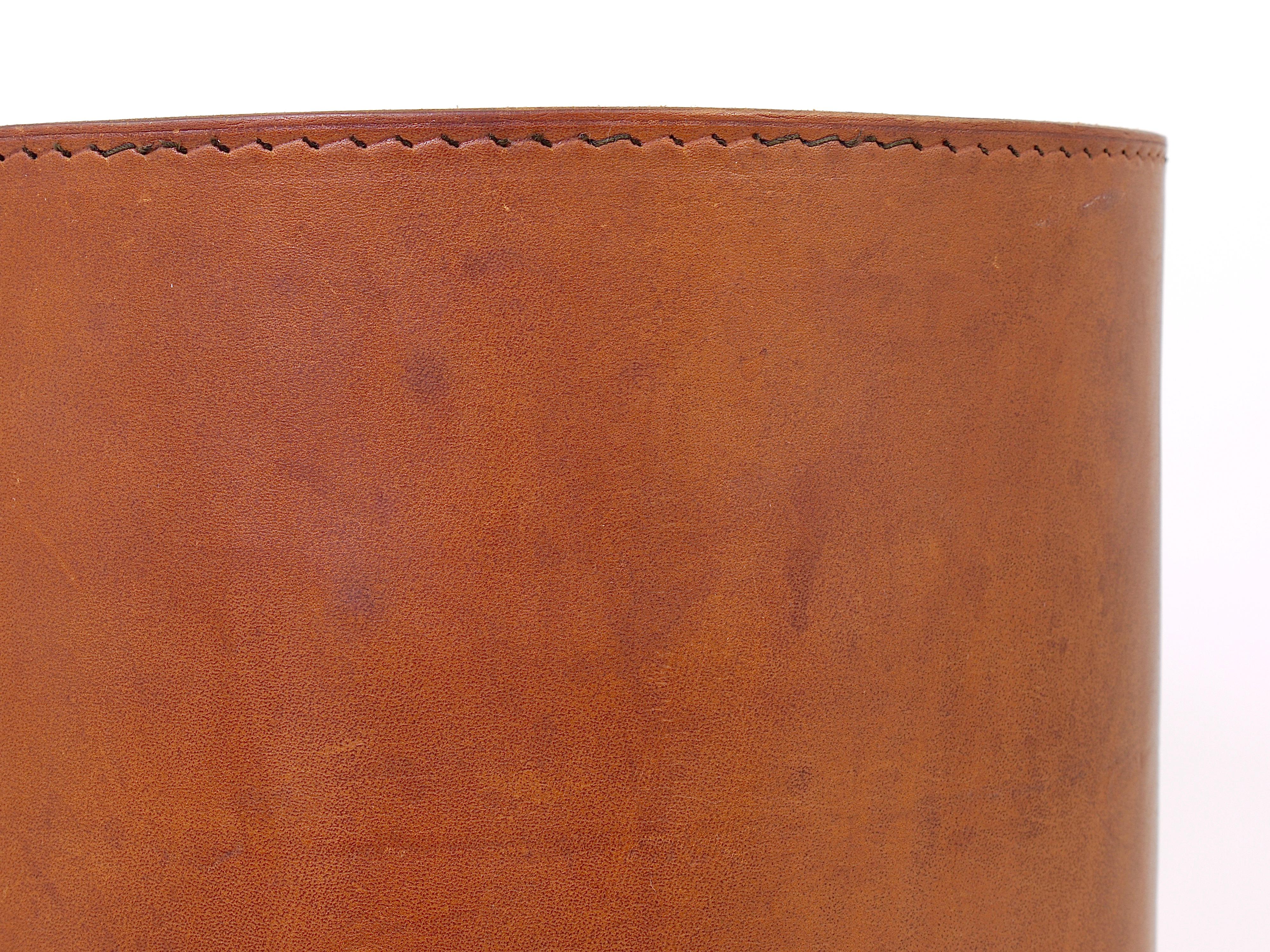 Midcentury Carl Auböck Brown Tan Leather Wastepaper Basket, Austria, 1950s 7