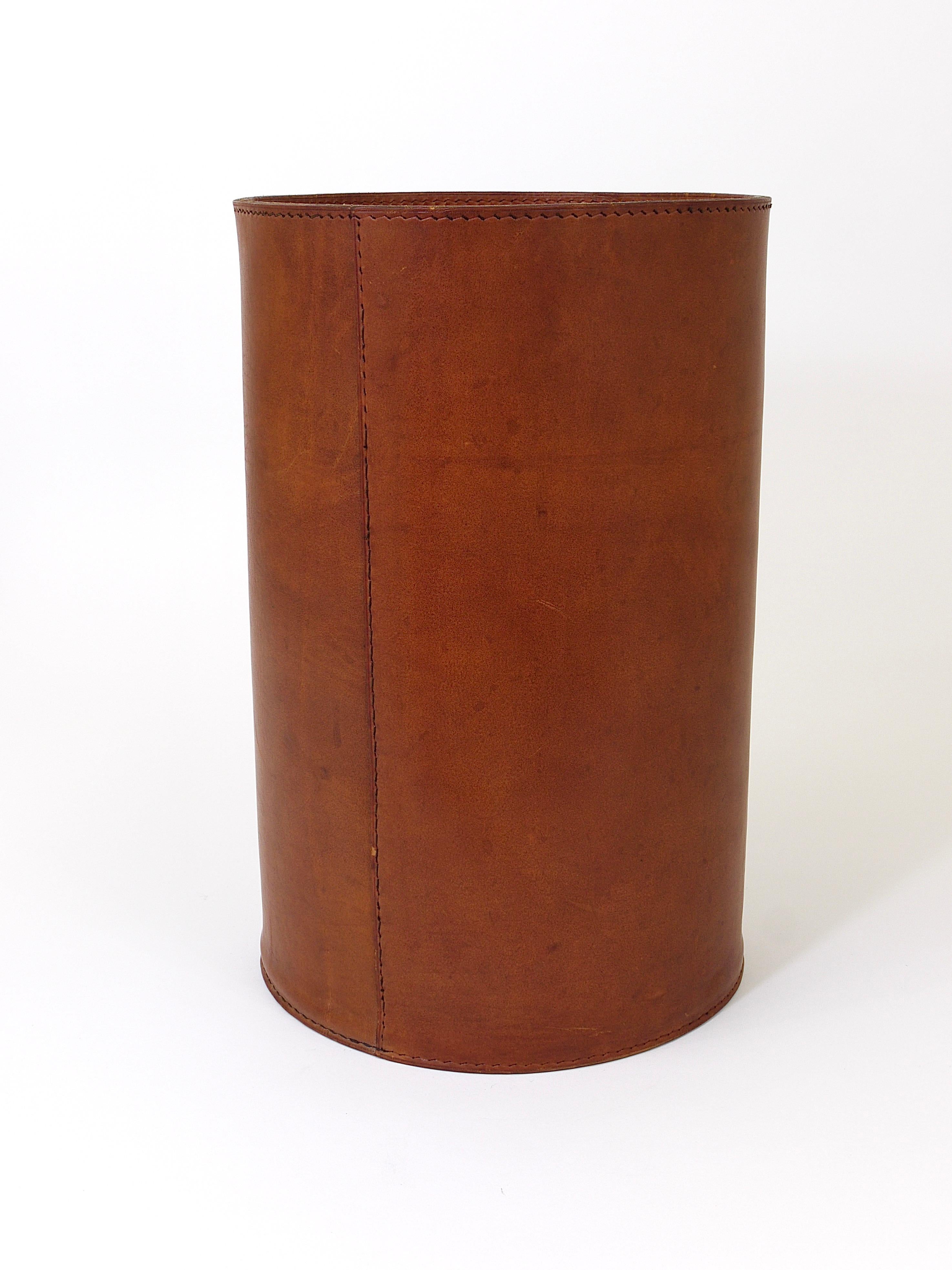 Midcentury Carl Auböck Brown Tan Leather Wastepaper Basket, Austria, 1950s 2