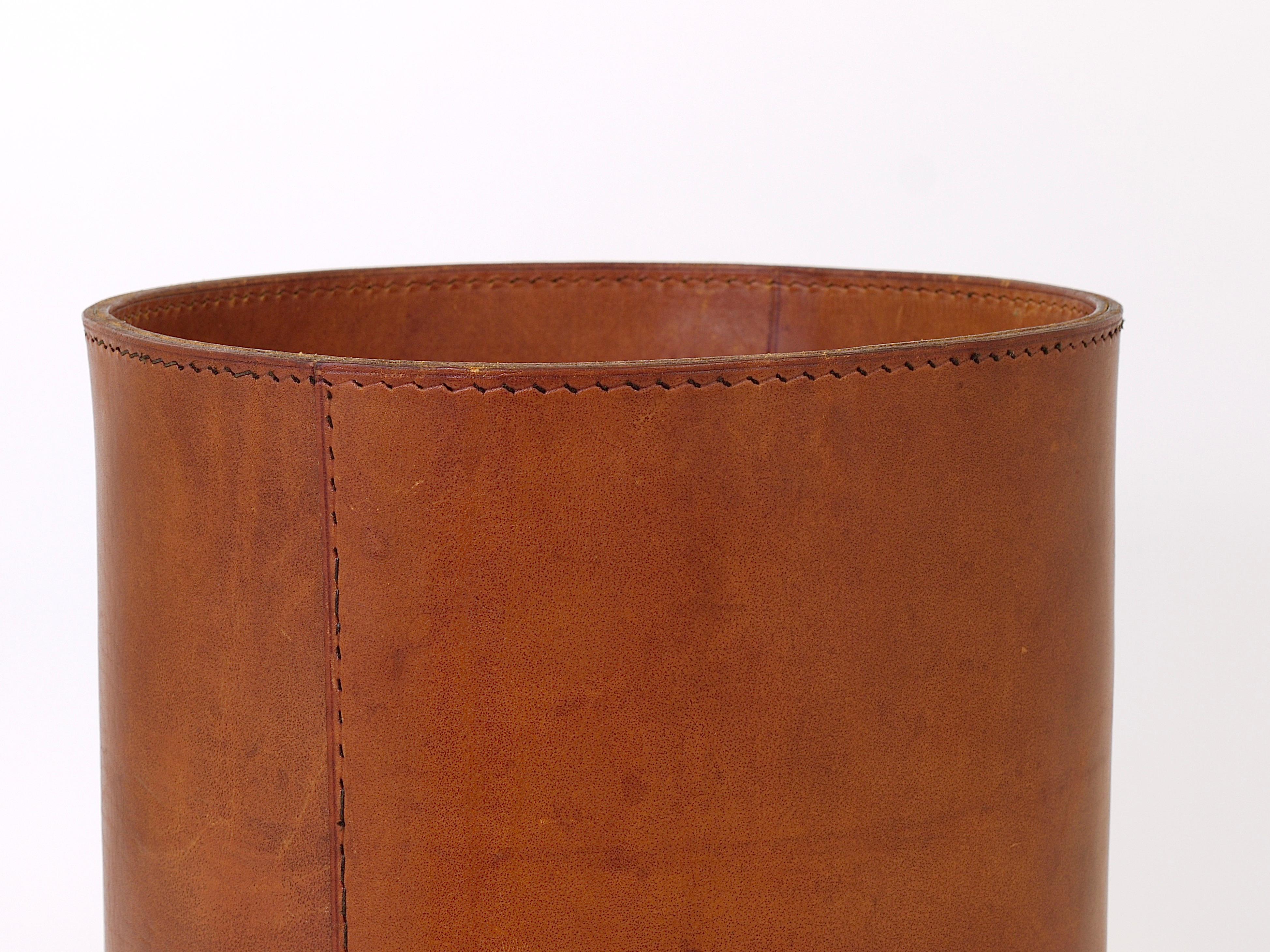 Midcentury Carl Auböck Brown Tan Leather Wastepaper Basket, Austria, 1950s 3