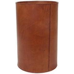 Midcentury Carl Auböck Brown Tan Leather Wastepaper Basket, Austria, 1950s