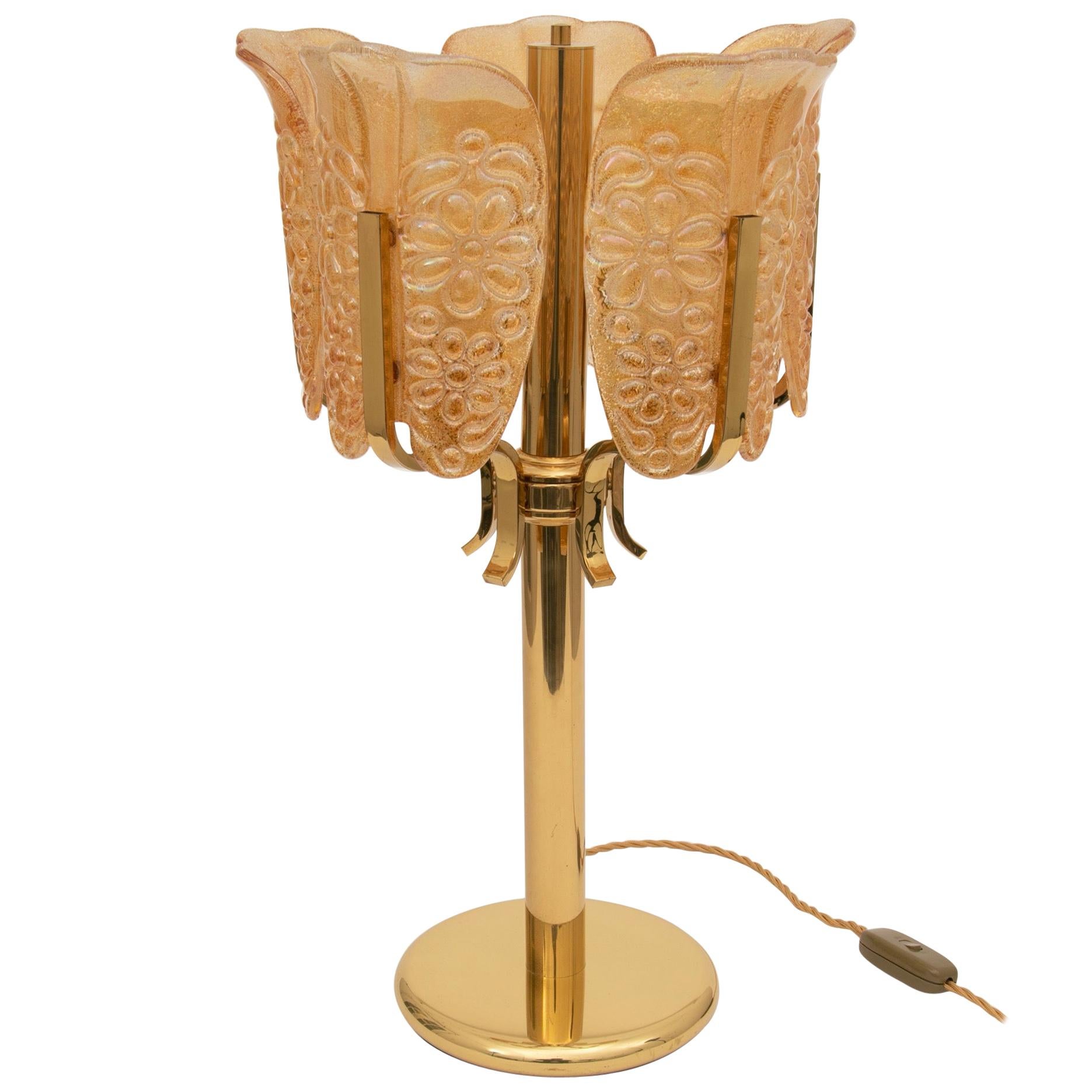 Midcentury Carl Fagerlund Orrefors 5 Branch Table Lamp with Amber Glass Shades For Sale
