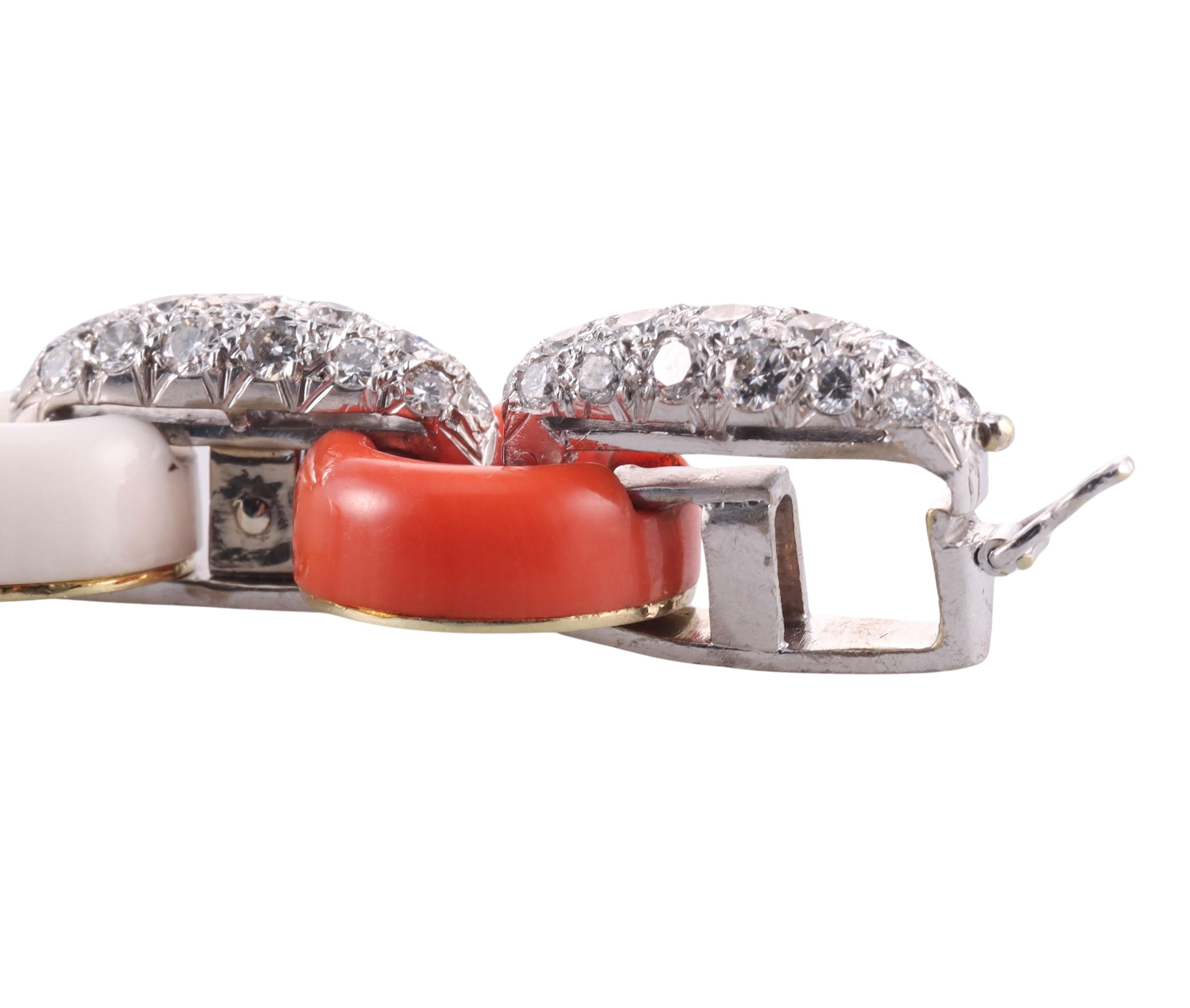 Midcentury Carved Coral Diamond Gold Bracelet For Sale 1
