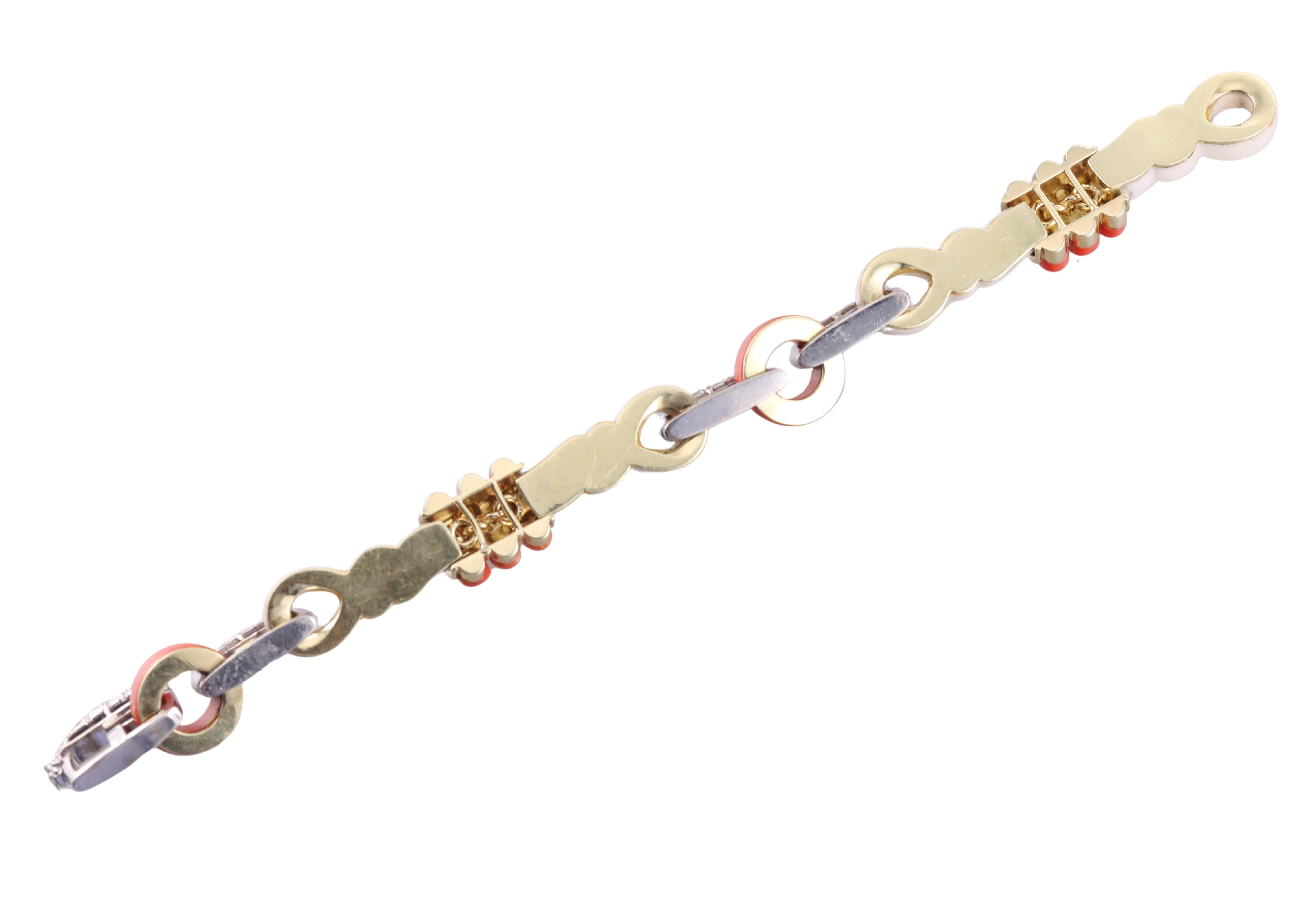 Midcentury Carved Coral Diamond Gold Bracelet For Sale 2