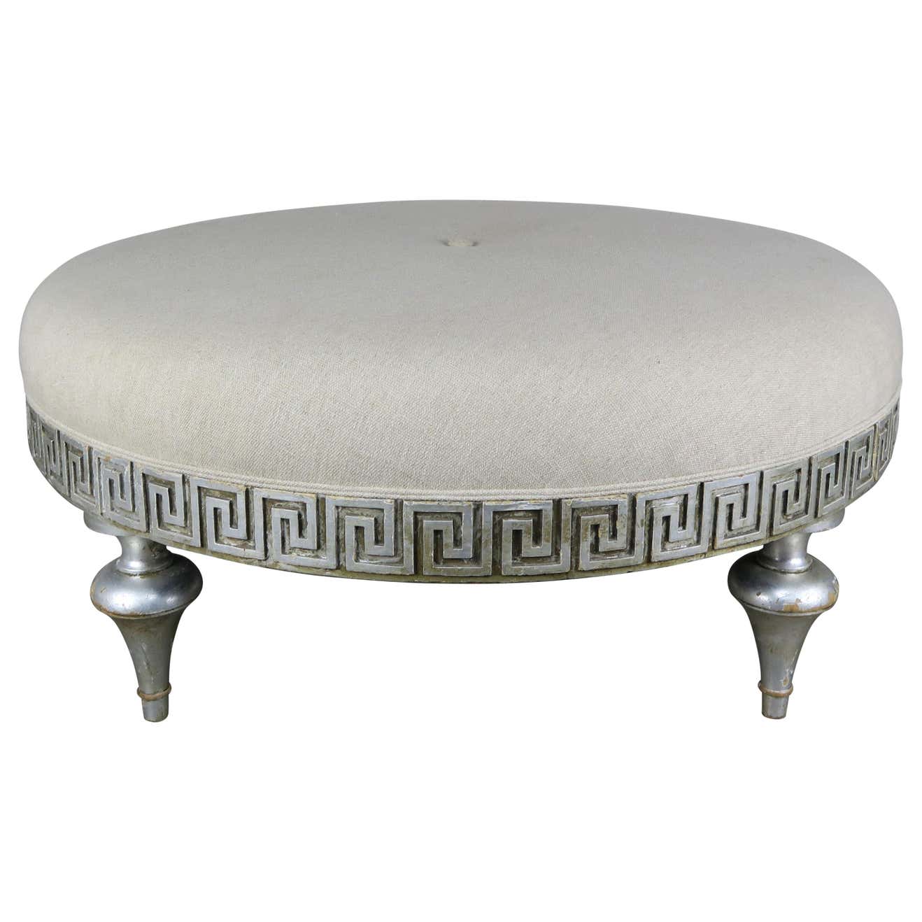 Midcentury Carved Greek Key Round Linen Ottoman at 1stDibs
