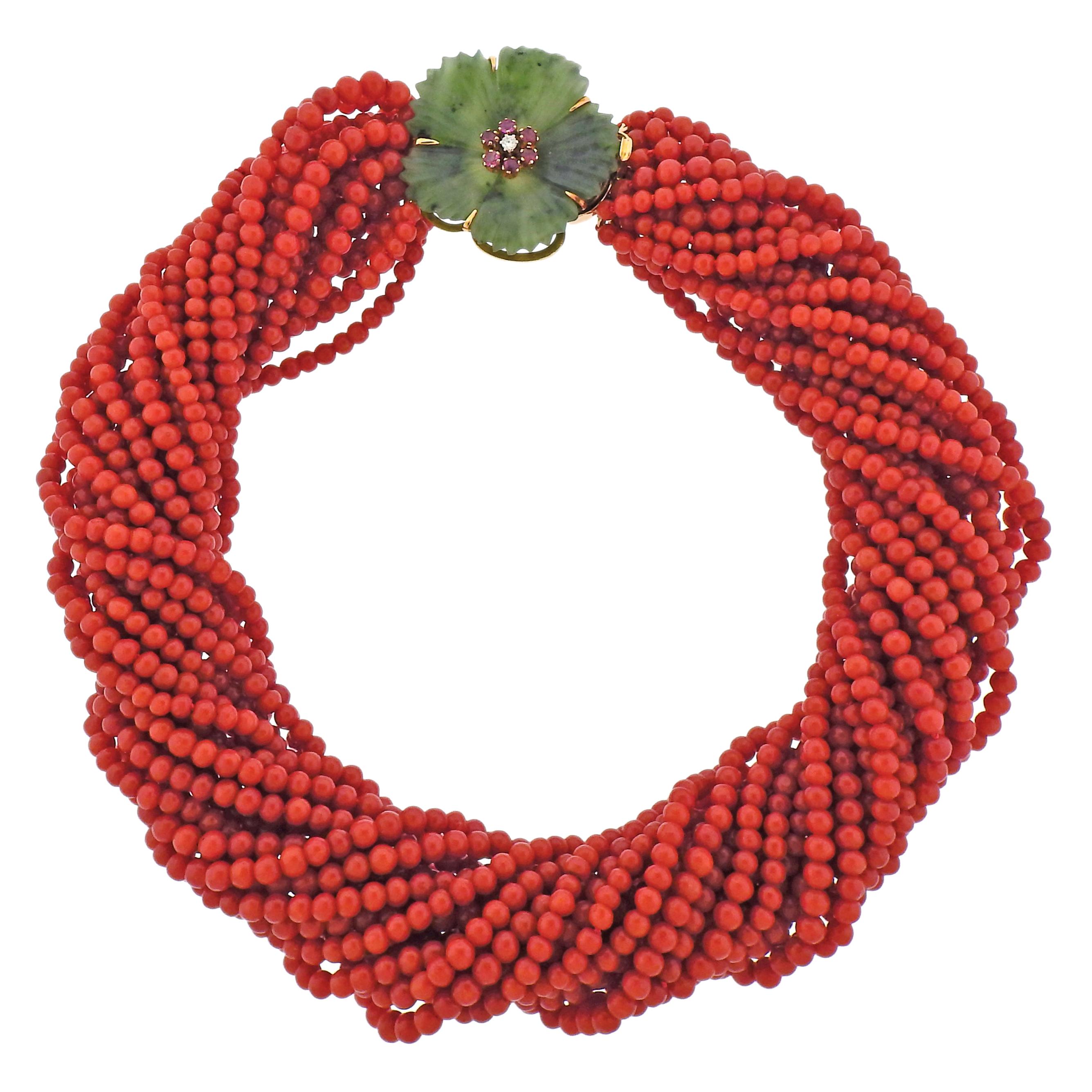 Midcentury Carved Nephrite Coral Ruby Diamond Gold Torsade Necklace