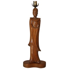 Midcentury Carved Oak Chinese Monk Wood Figure Lamp