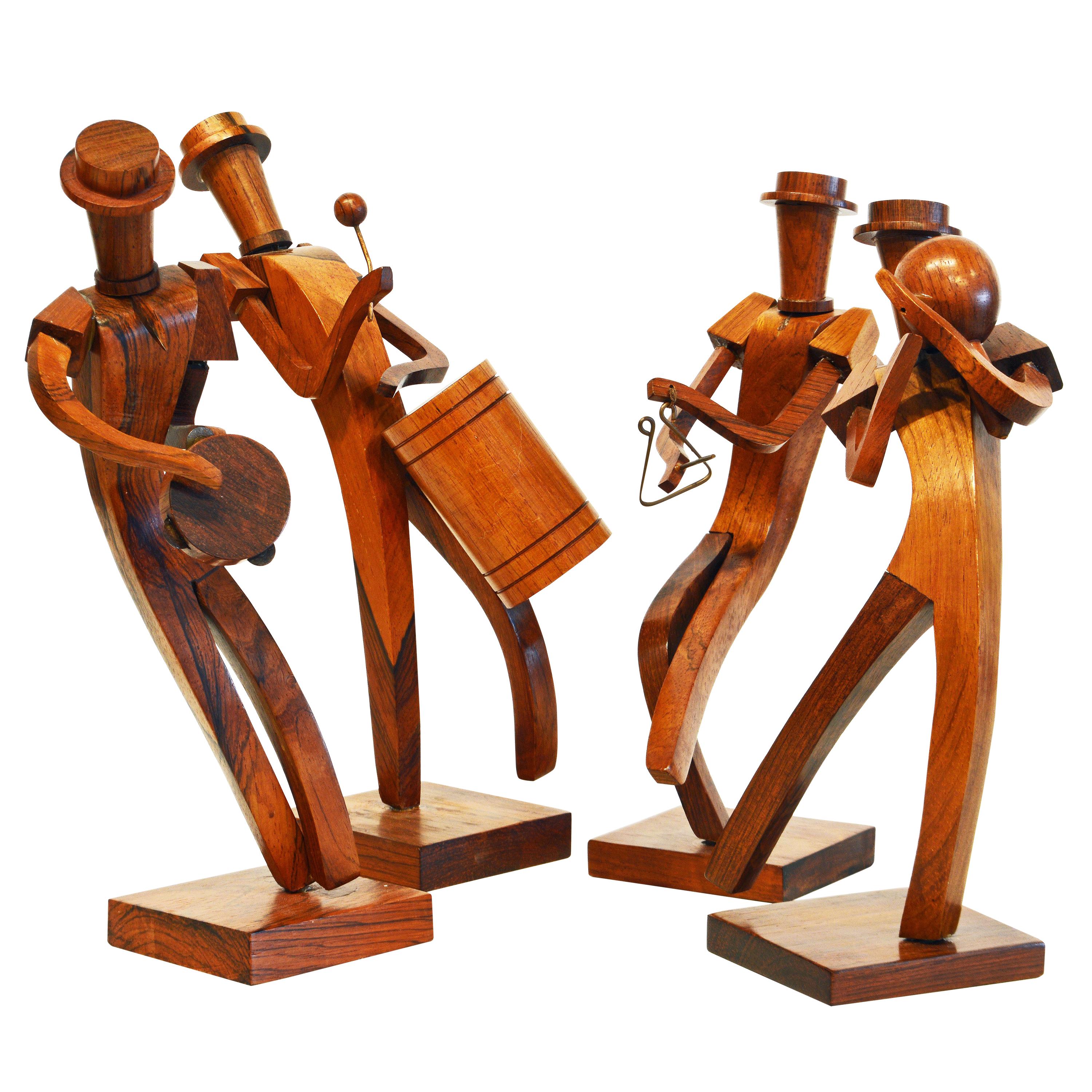 Midcentury Carved Rosewood Latin American Cubist Style Four Musicians Band