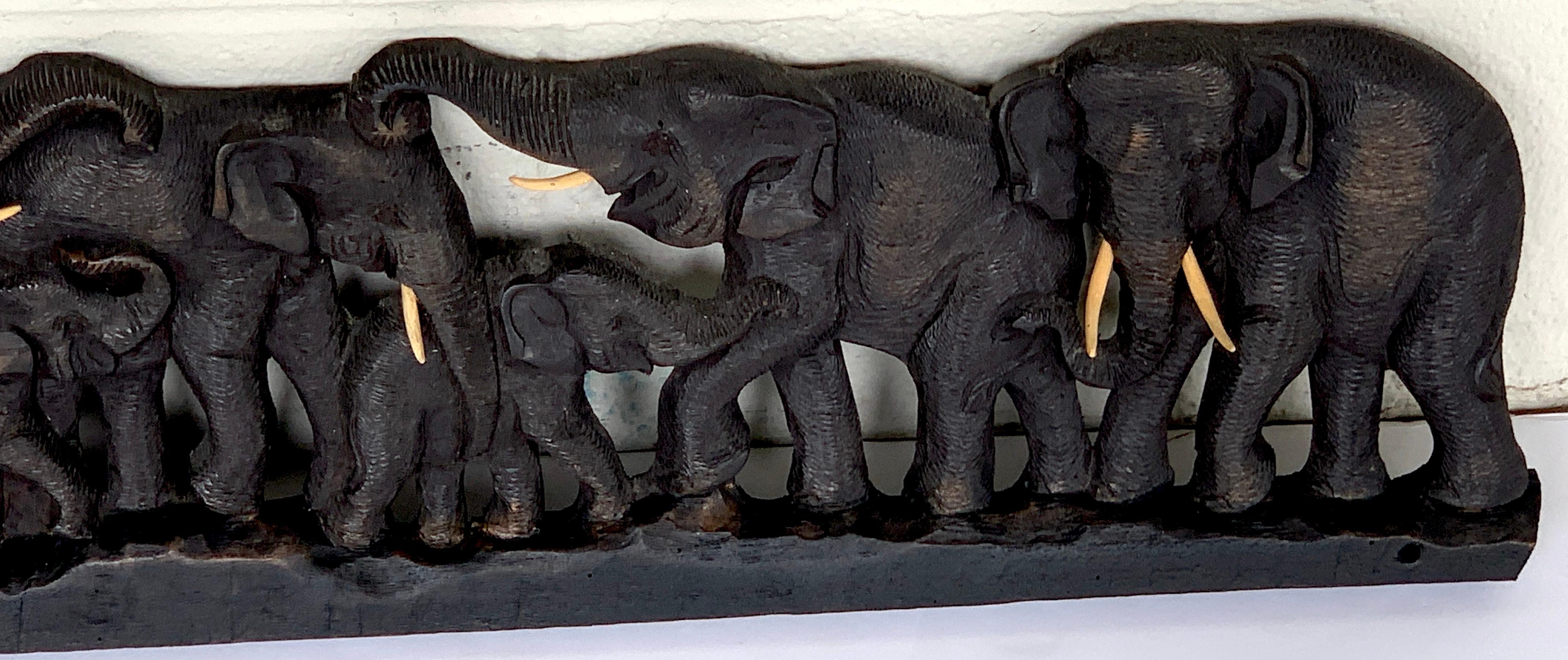 20th Century Midcentury Carved Teakwood 9 Elephant Panel