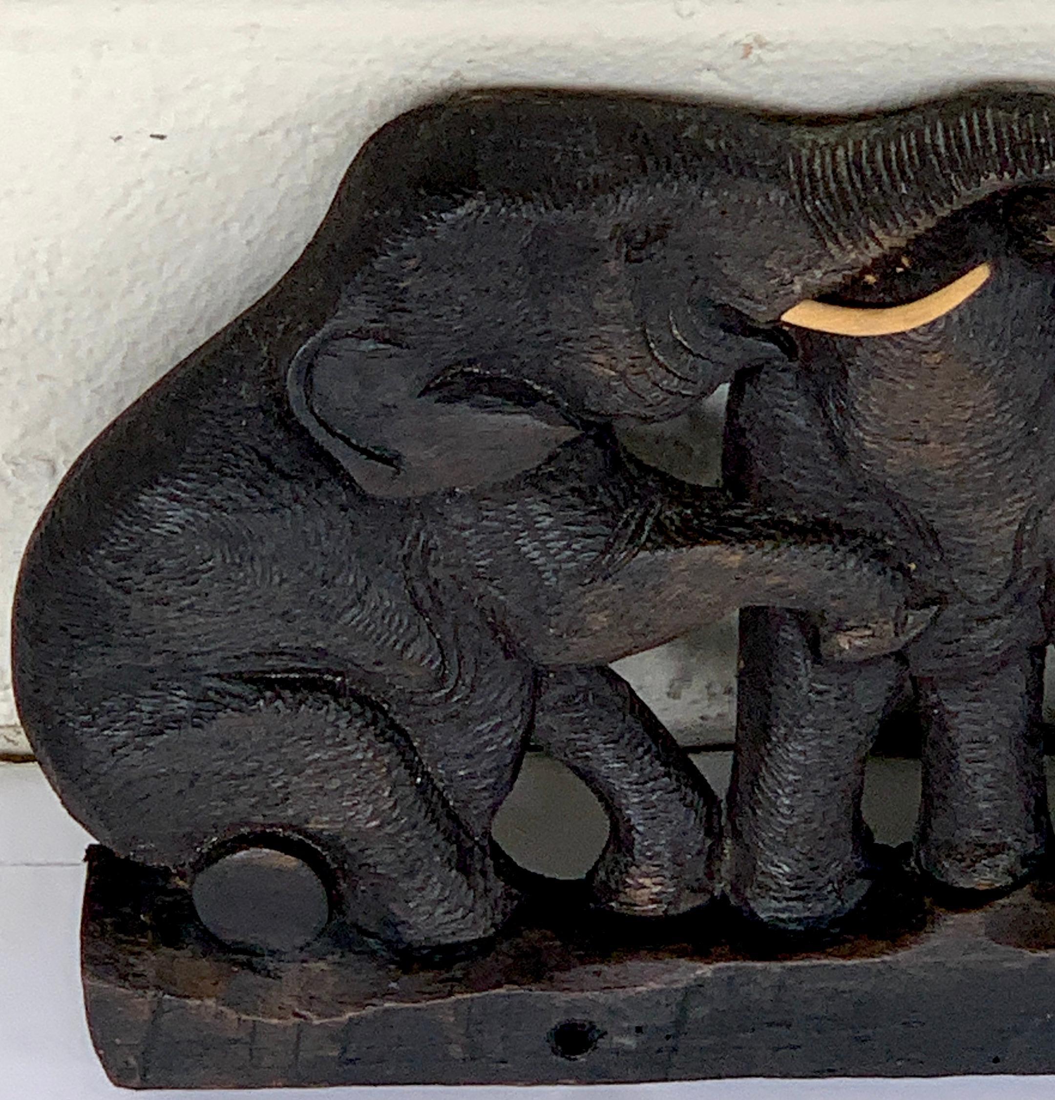 Midcentury Carved Teakwood 9 Elephant Panel 1