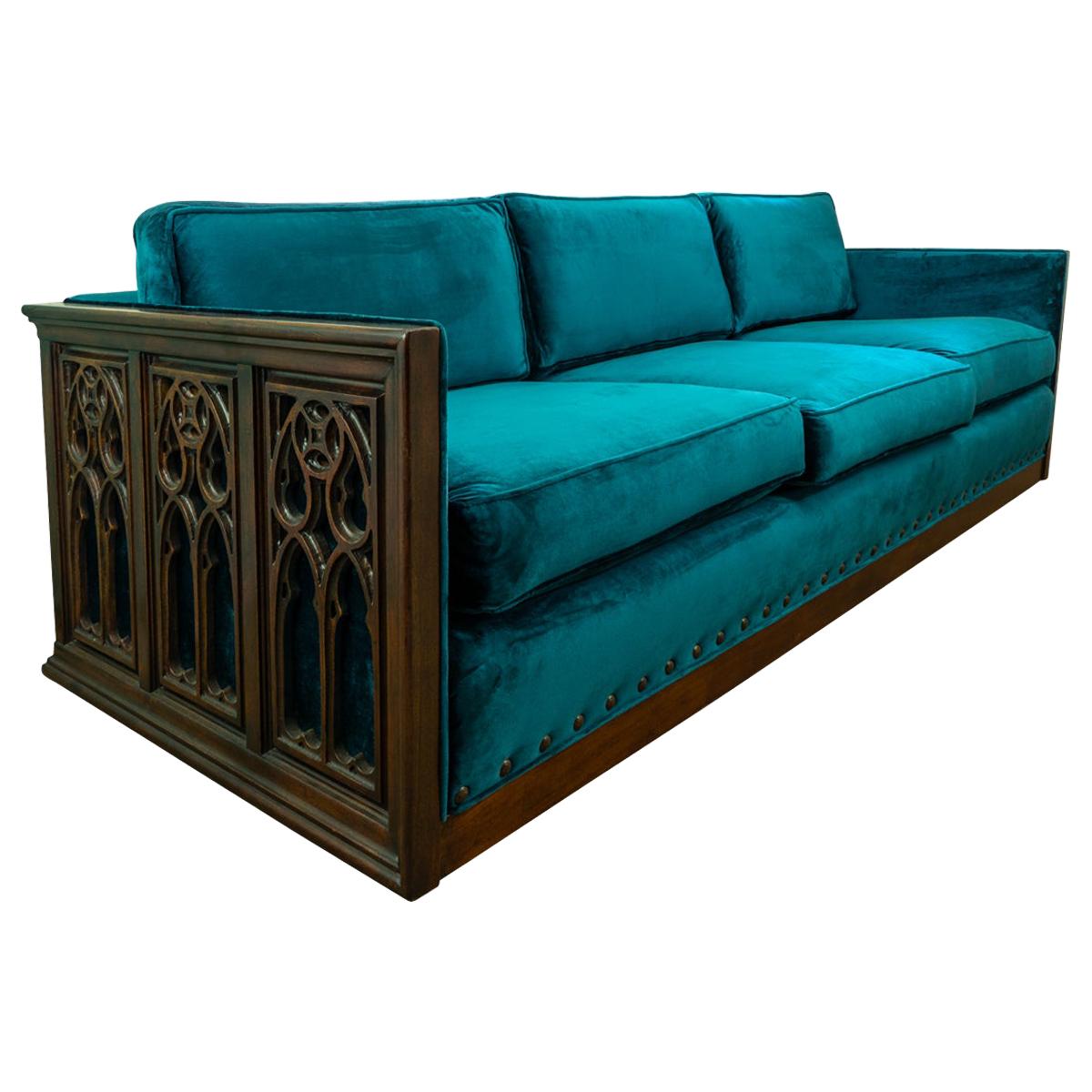 Midcentury Carved Wood Frame Gothic Style Three-Seat Sofa For Sale