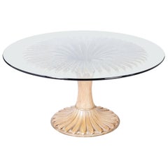 carved wood dining table Midcentury Carved Wood Round Dining Table with Glass Top