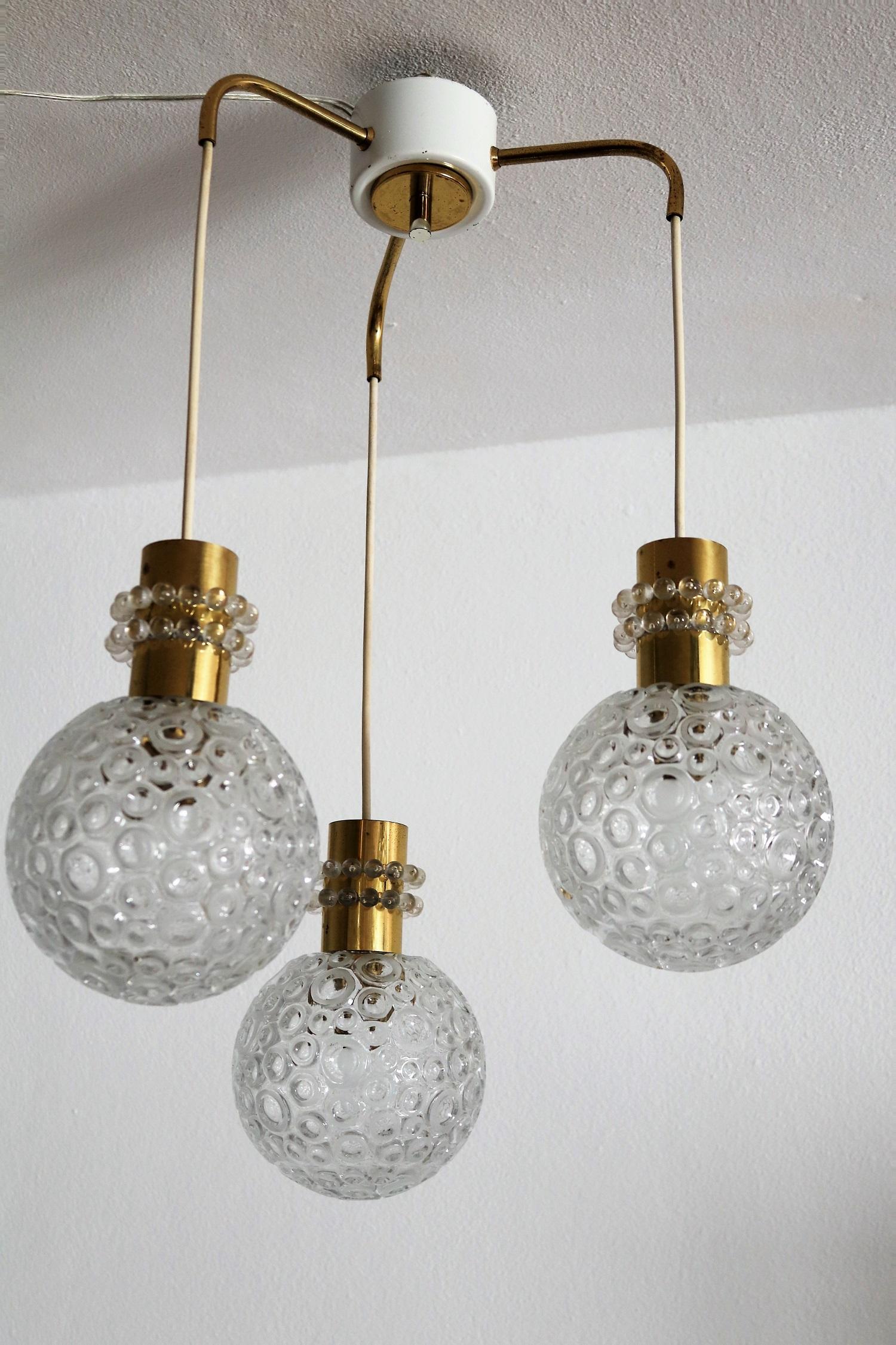 Midcentury Cascade Ceiling Lamp with 3 Glass Pendents in Emil Stejnar Style For Sale 5