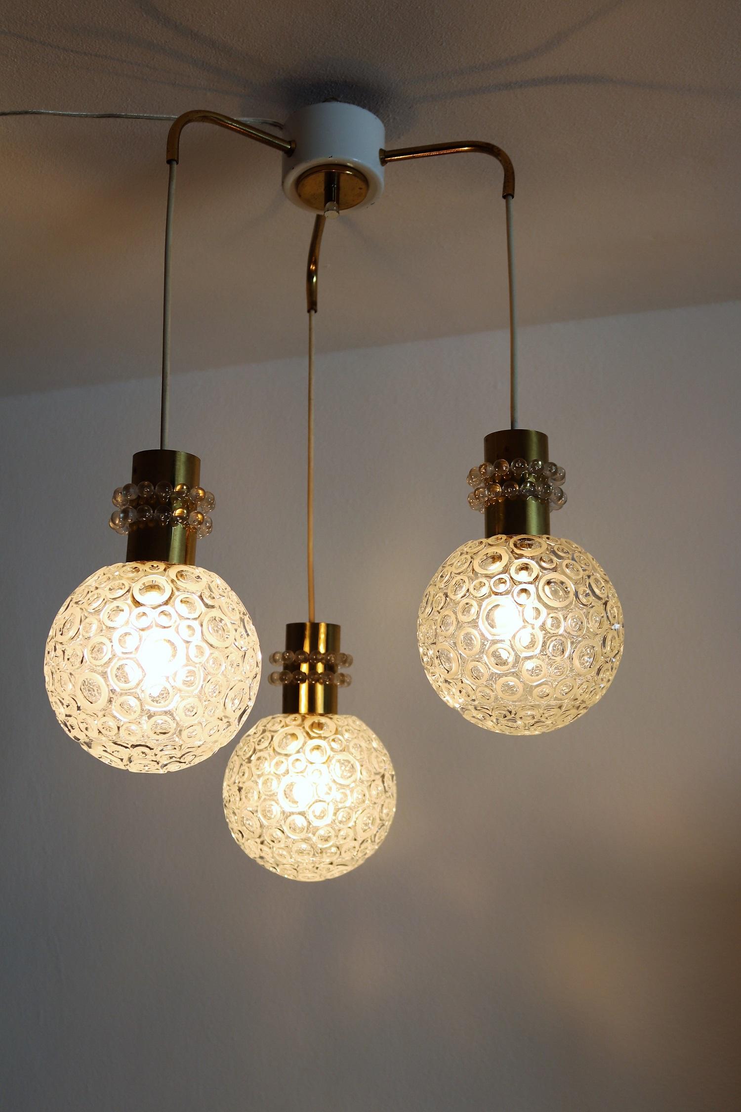 Austrian Midcentury Cascade Ceiling Lamp with 3 Glass Pendents in Emil Stejnar Style For Sale