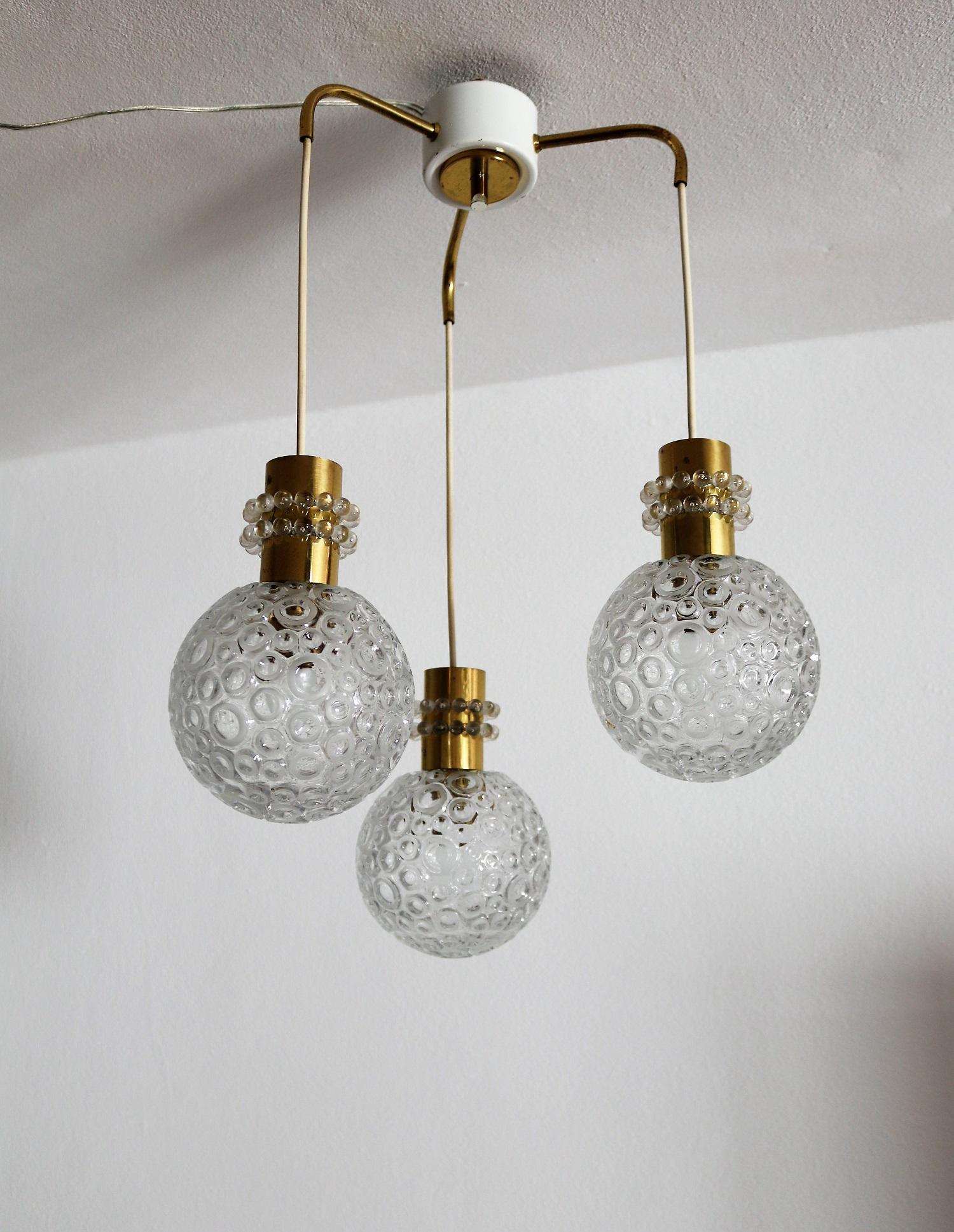 Midcentury Cascade Ceiling Lamp with 3 Glass Pendents in Emil Stejnar Style For Sale 1