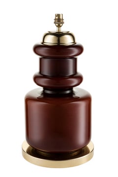 Midcentury Cased Glass Table Lamp, Brown over White with Brass Base