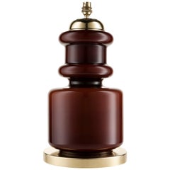 Midcentury Cased Glass Table Lamp, Brown over White with Brass Base