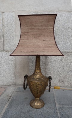 Midcentury Cast Brass and Raffia Shade French Table Lamp, 1940