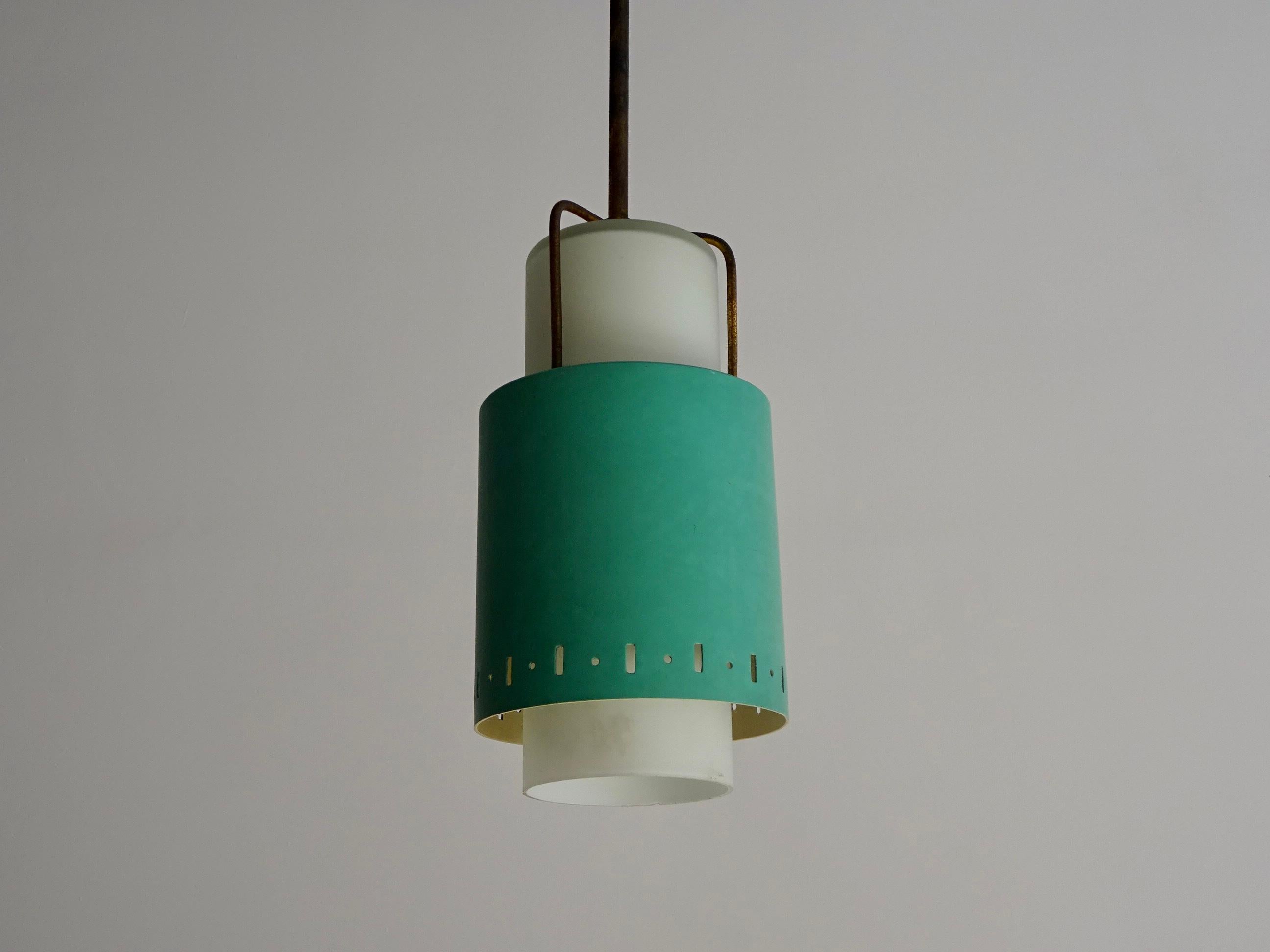 Ceiling lamp in aluminum, brass and opal glass.
