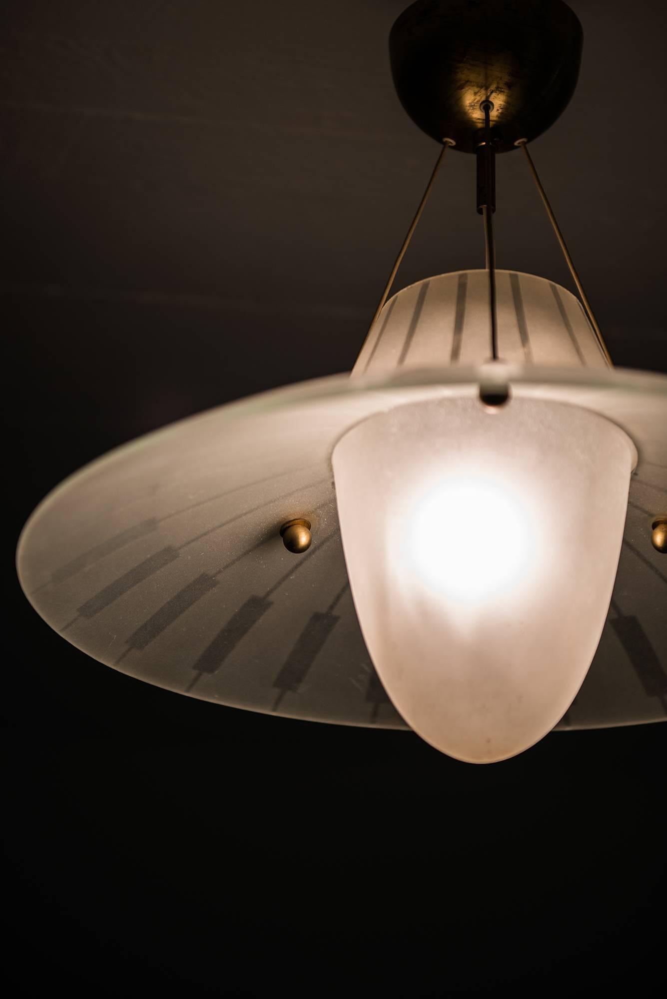 Swedish Midcentury Ceiling Lamp in Etched Glass Produced in Sweden