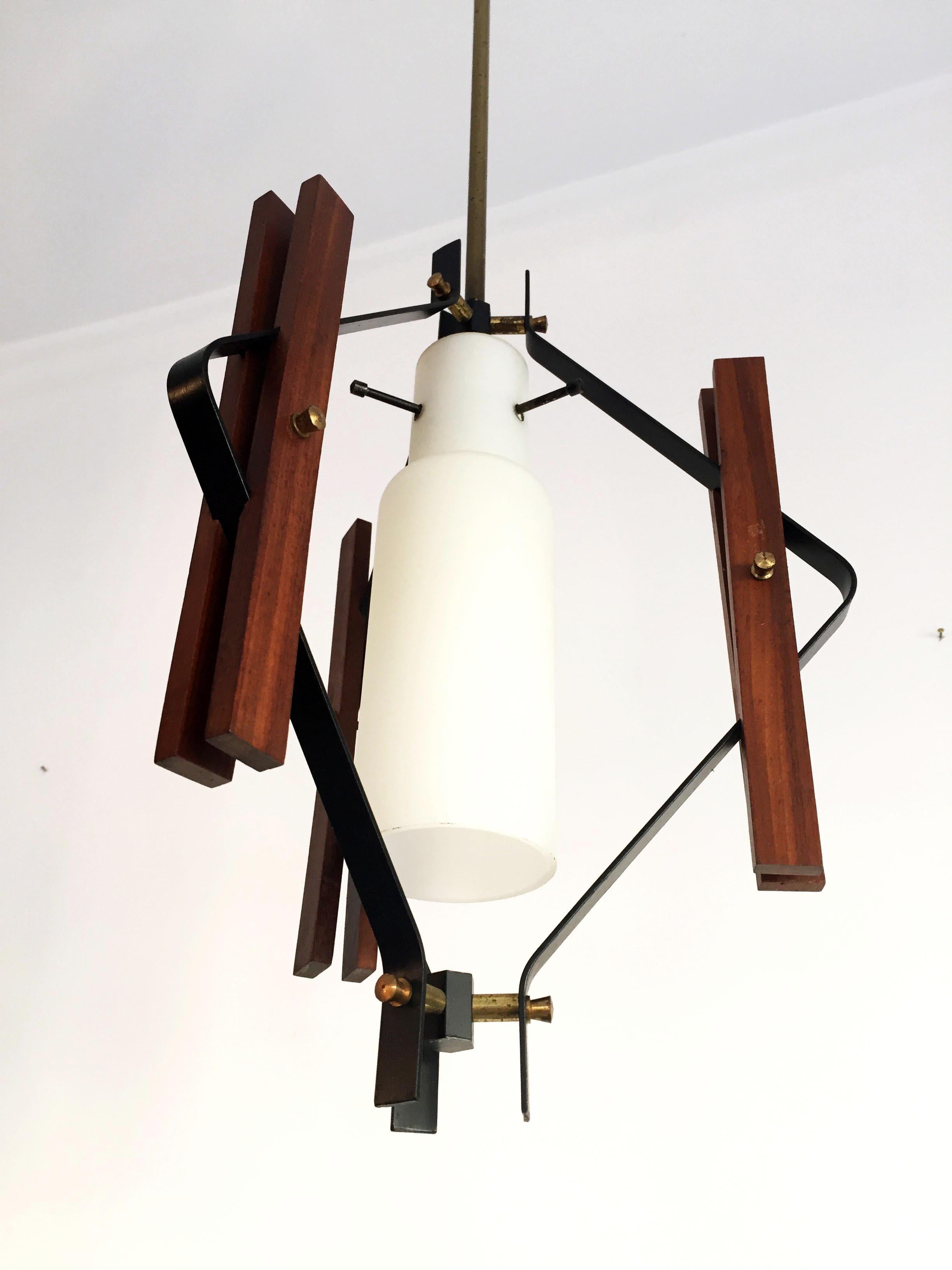 Italian Midcentury Ceiling Lamp in Teak Black Iron Opaline Glass and Brass Details, 1950 For Sale