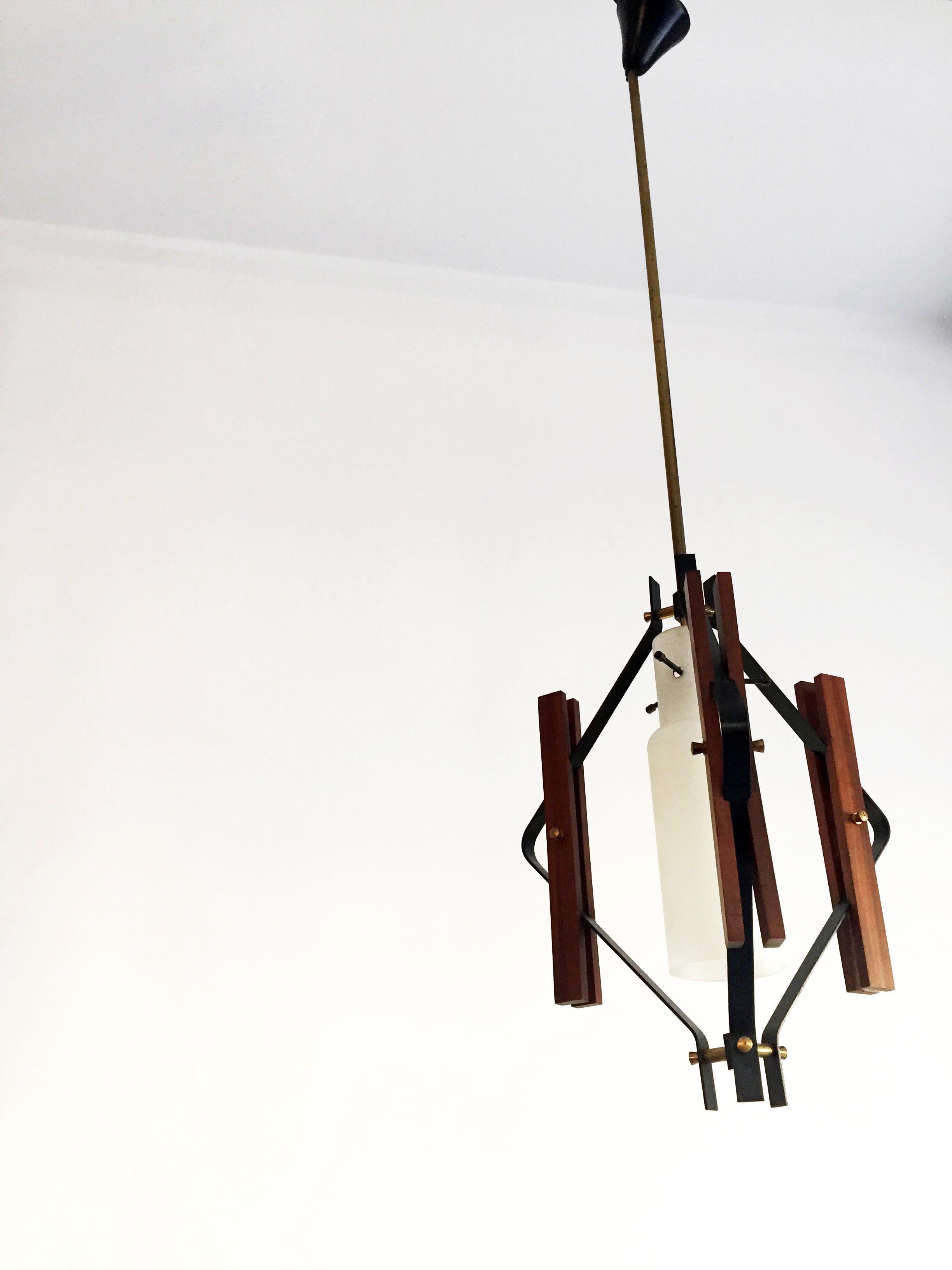 Painted Midcentury Ceiling Lamp in Teak Black Iron Opaline Glass and Brass Details, 1950 For Sale