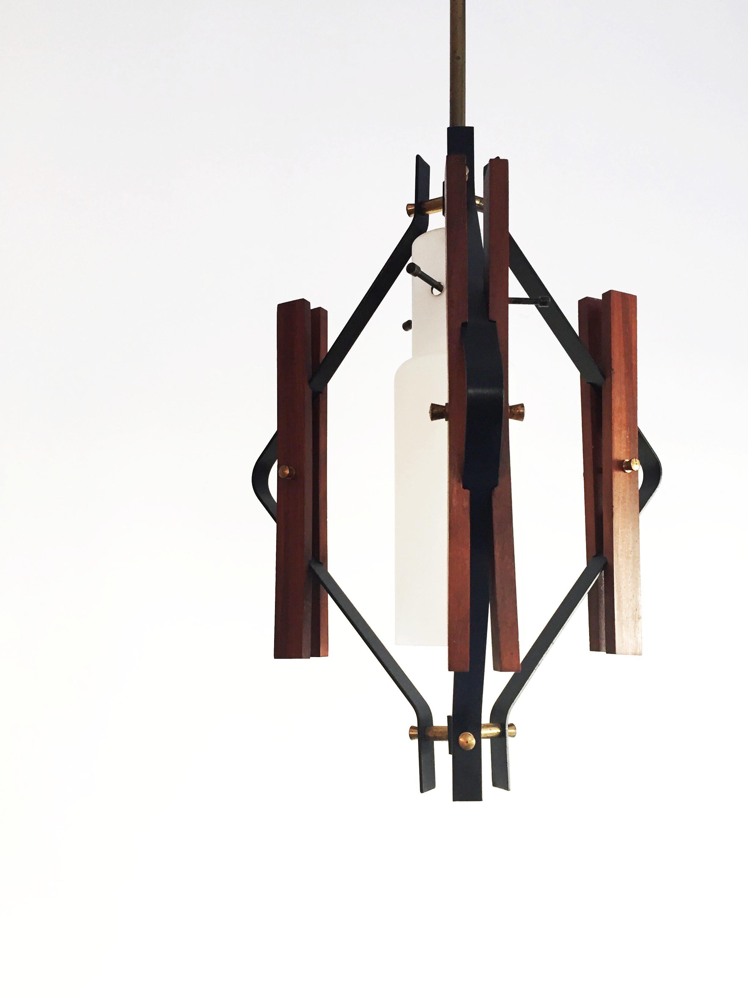 Midcentury Ceiling Lamp in Teak Black Iron Opaline Glass and Brass Details, 1950 In Good Condition For Sale In Fregene, IT