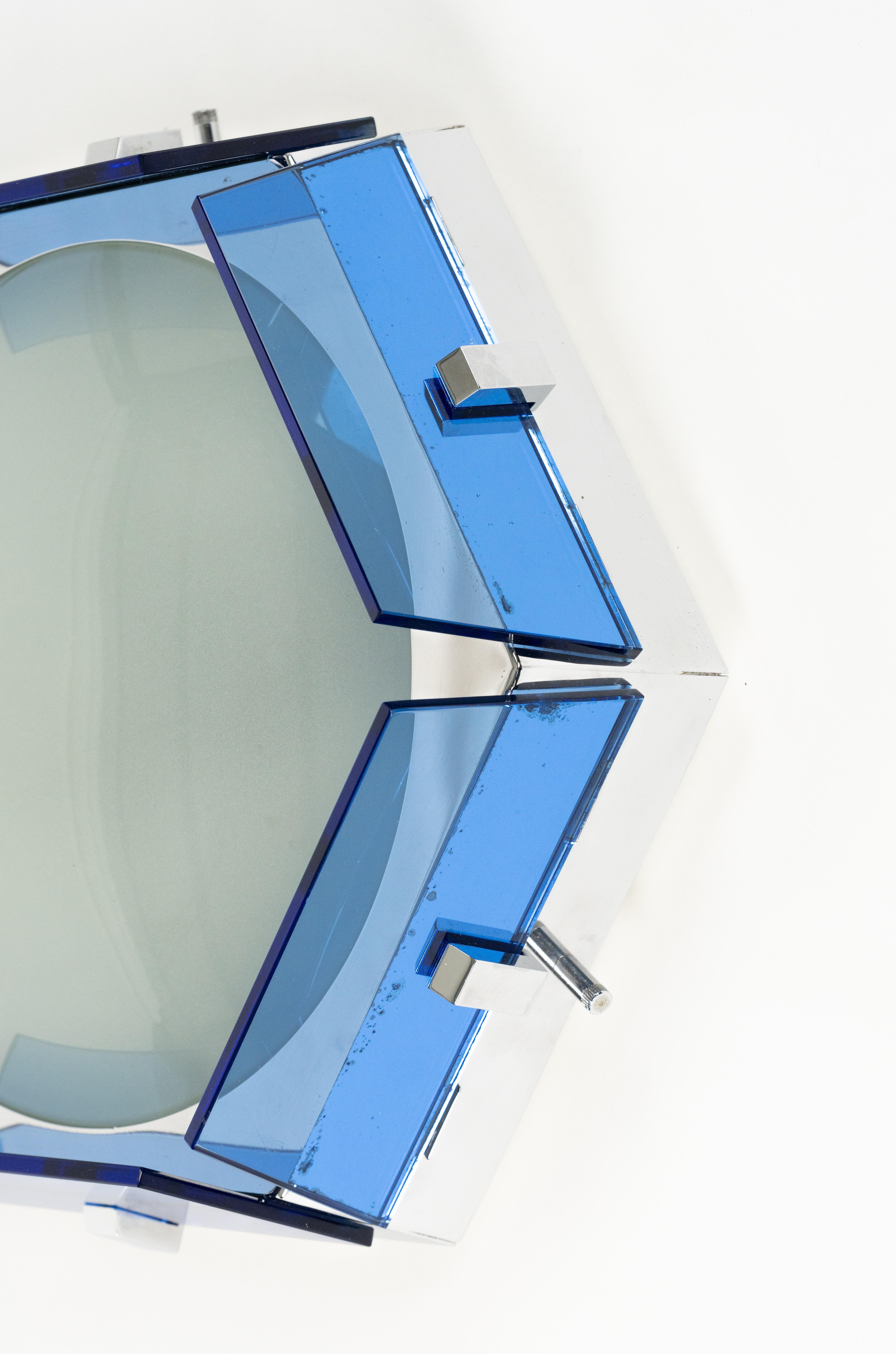 Midcentury Ceiling Lamp Sconce in Blue Glass and Chrome by Veca, Italy 1970s For Sale 3