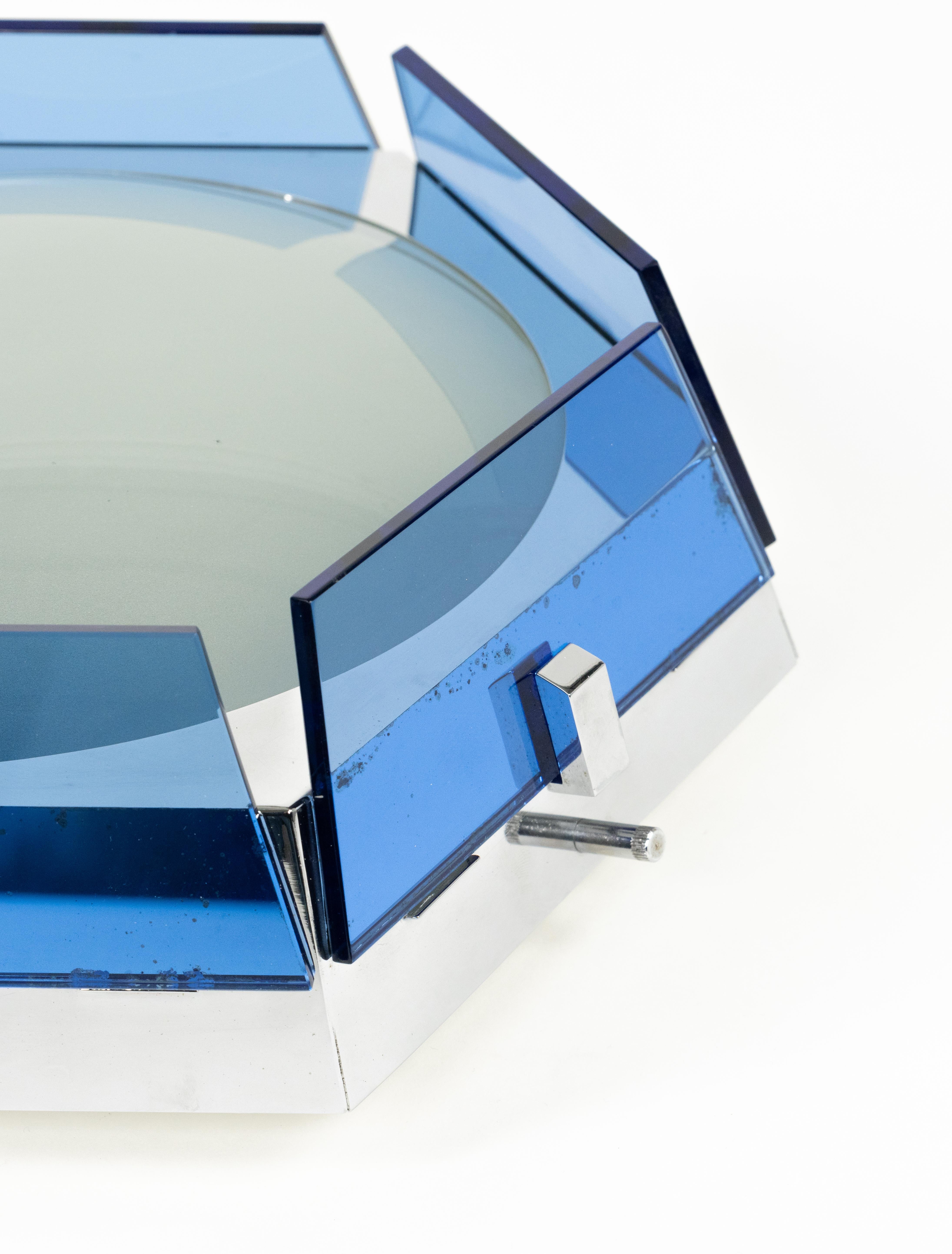 Midcentury Ceiling Lamp Sconce in Blue Glass and Chrome by Veca, Italy 1970s For Sale 4