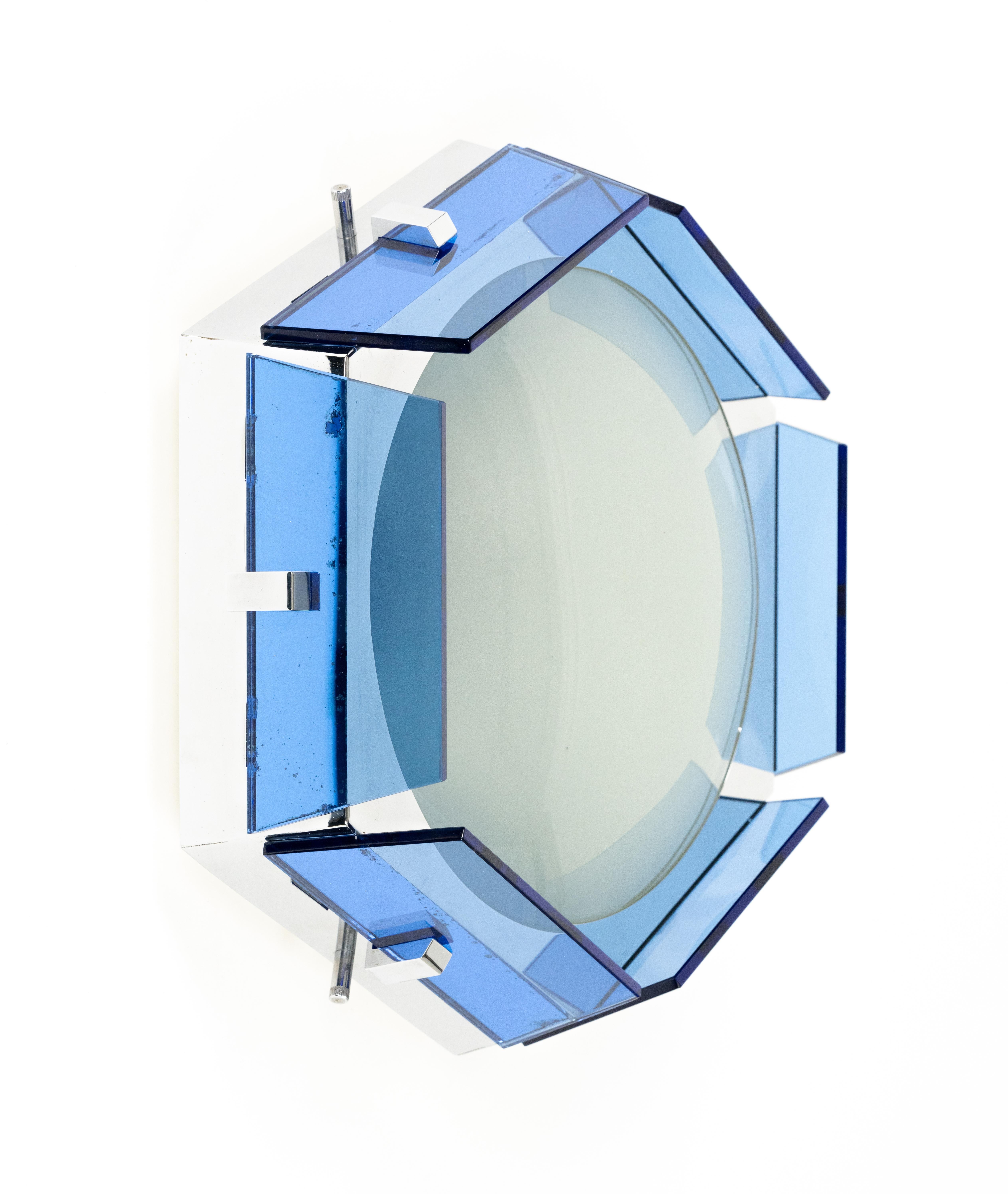 Midcentury Ceiling Lamp Sconce in Blue Glass and Chrome by Veca, Italy 1970s For Sale 5