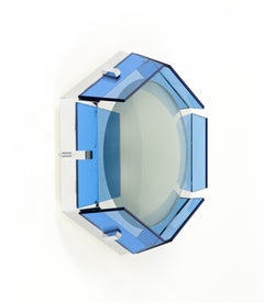 Midcentury Ceiling Lamp Sconce in Blue Glass and Chrome by Veca, Italy 1970s