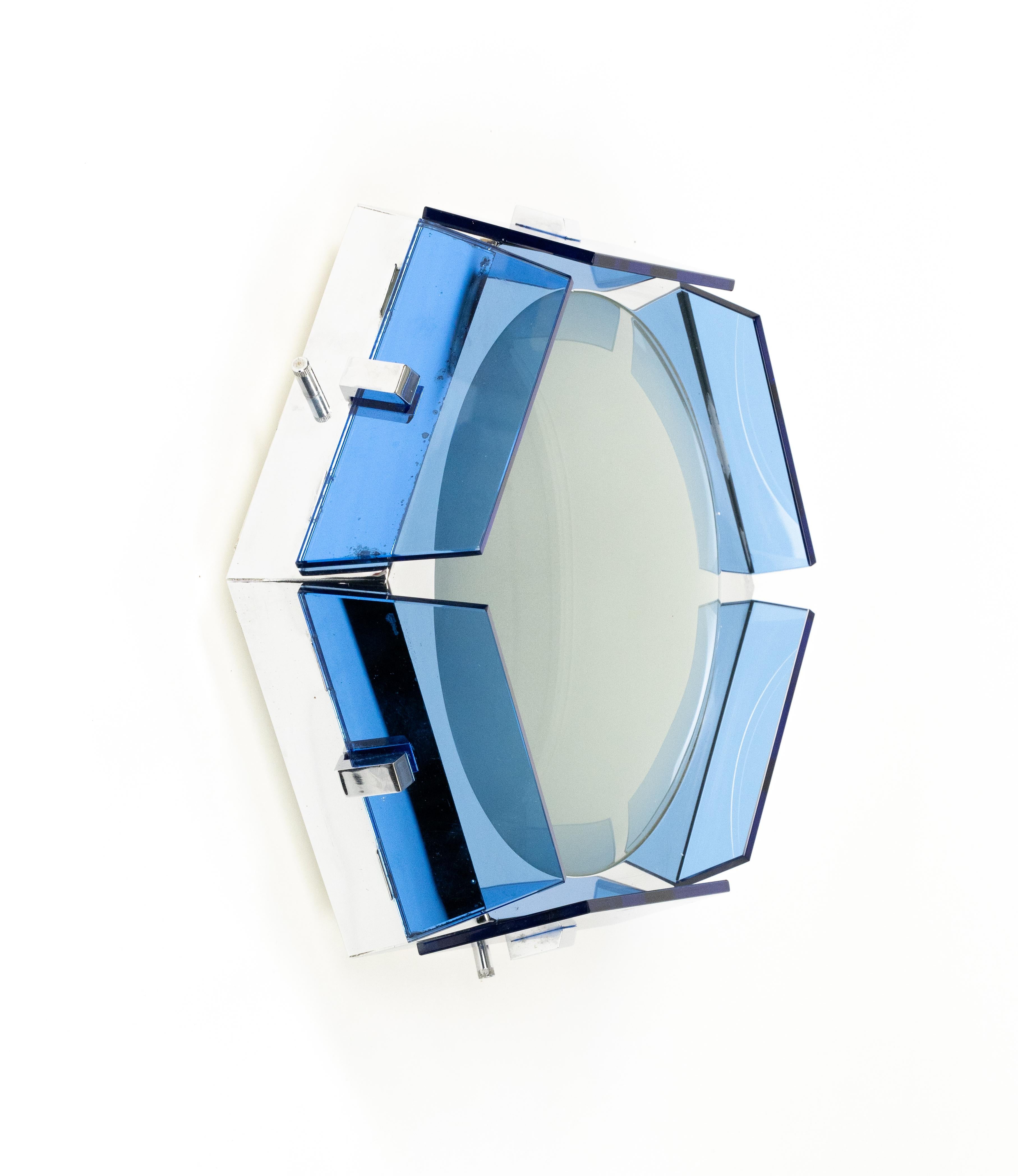 Mid-Century Modern Midcentury Ceiling Lamp Sconce in Blue Glass and Chrome by Veca, Italy 1970s For Sale