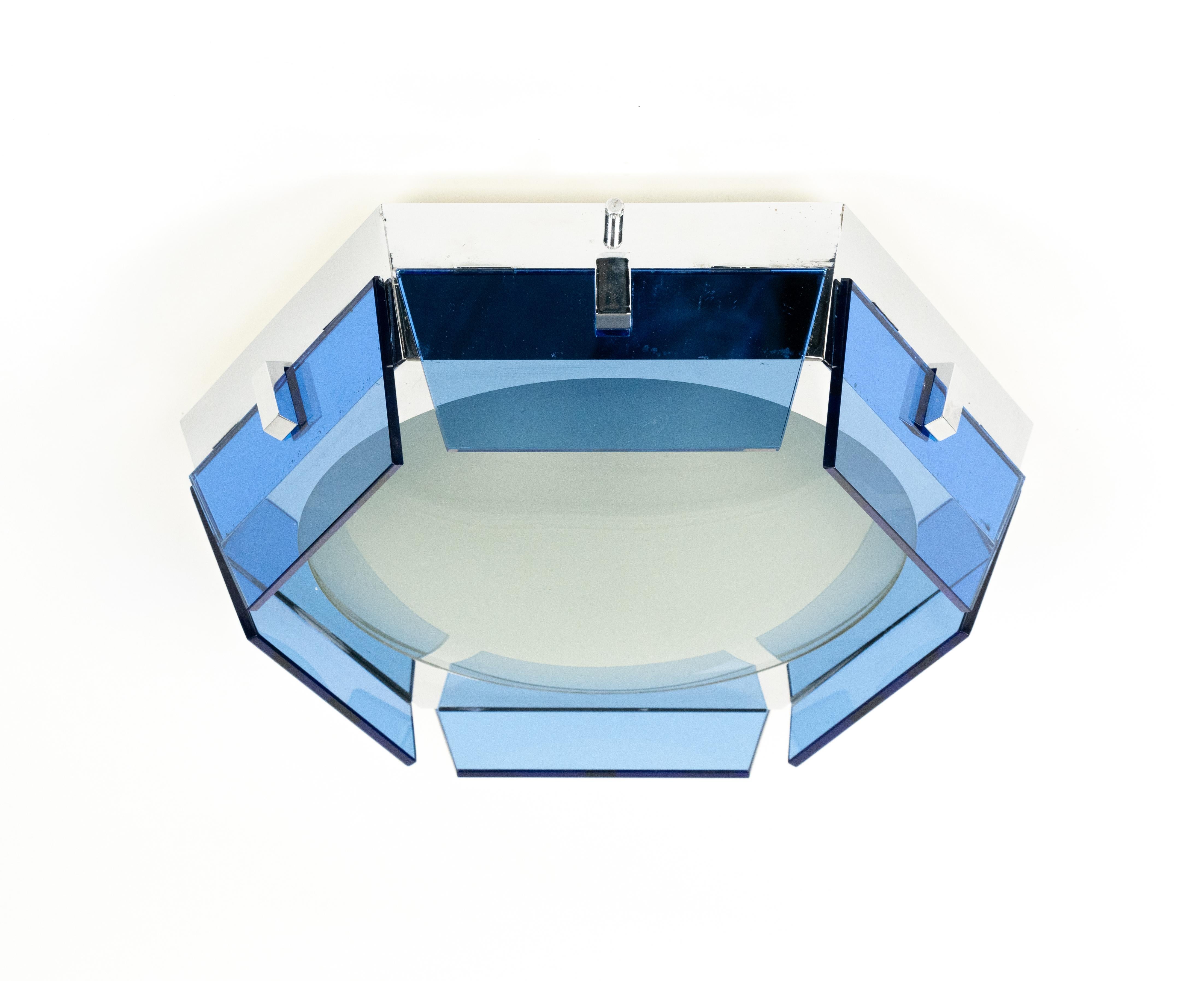 Italian Midcentury Ceiling Lamp Sconce in Blue Glass and Chrome by Veca, Italy 1970s For Sale