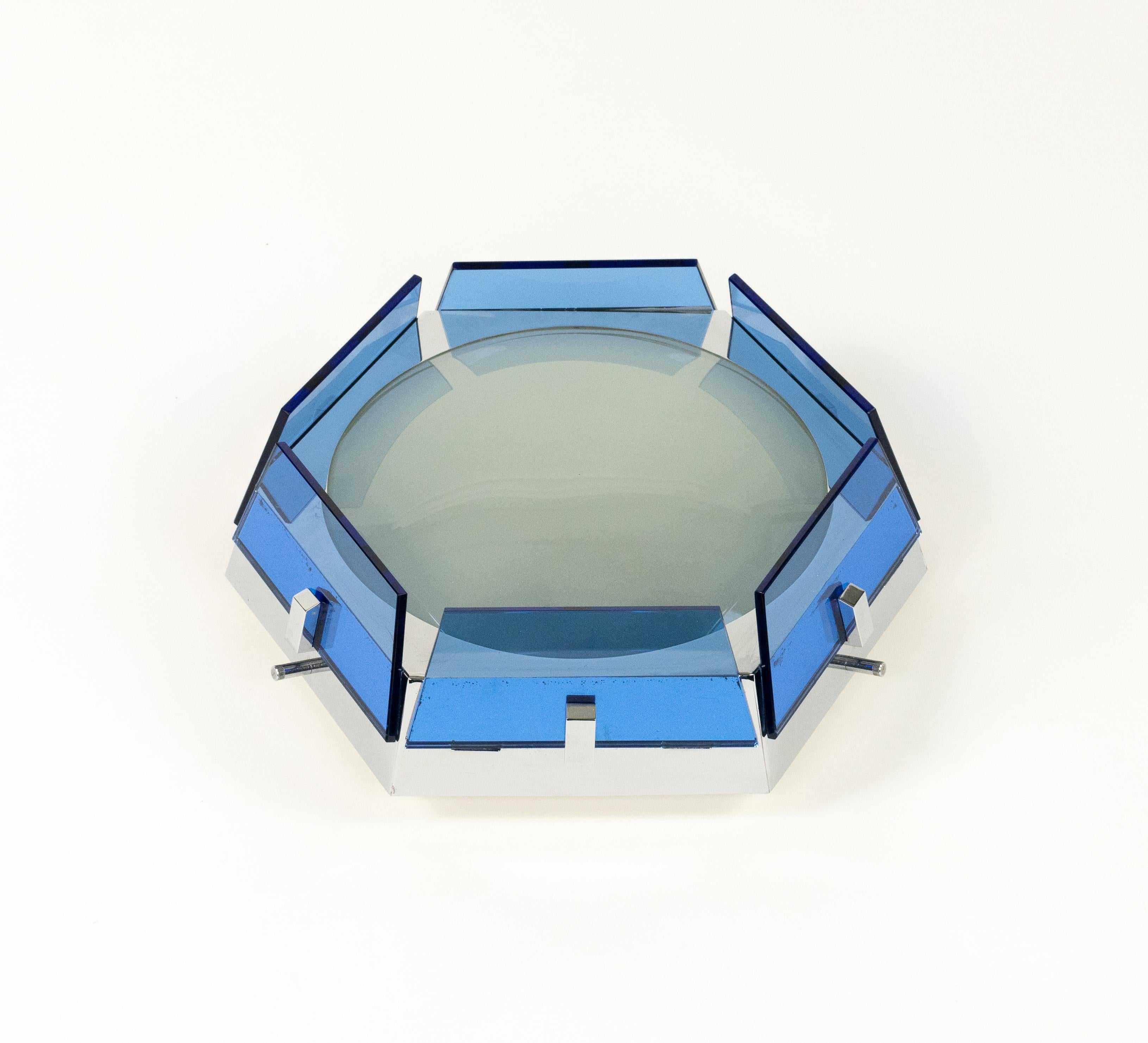 Midcentury Ceiling Lamp Sconce in Blue Glass and Chrome by Veca, Italy 1970s In Good Condition For Sale In Rome, IT