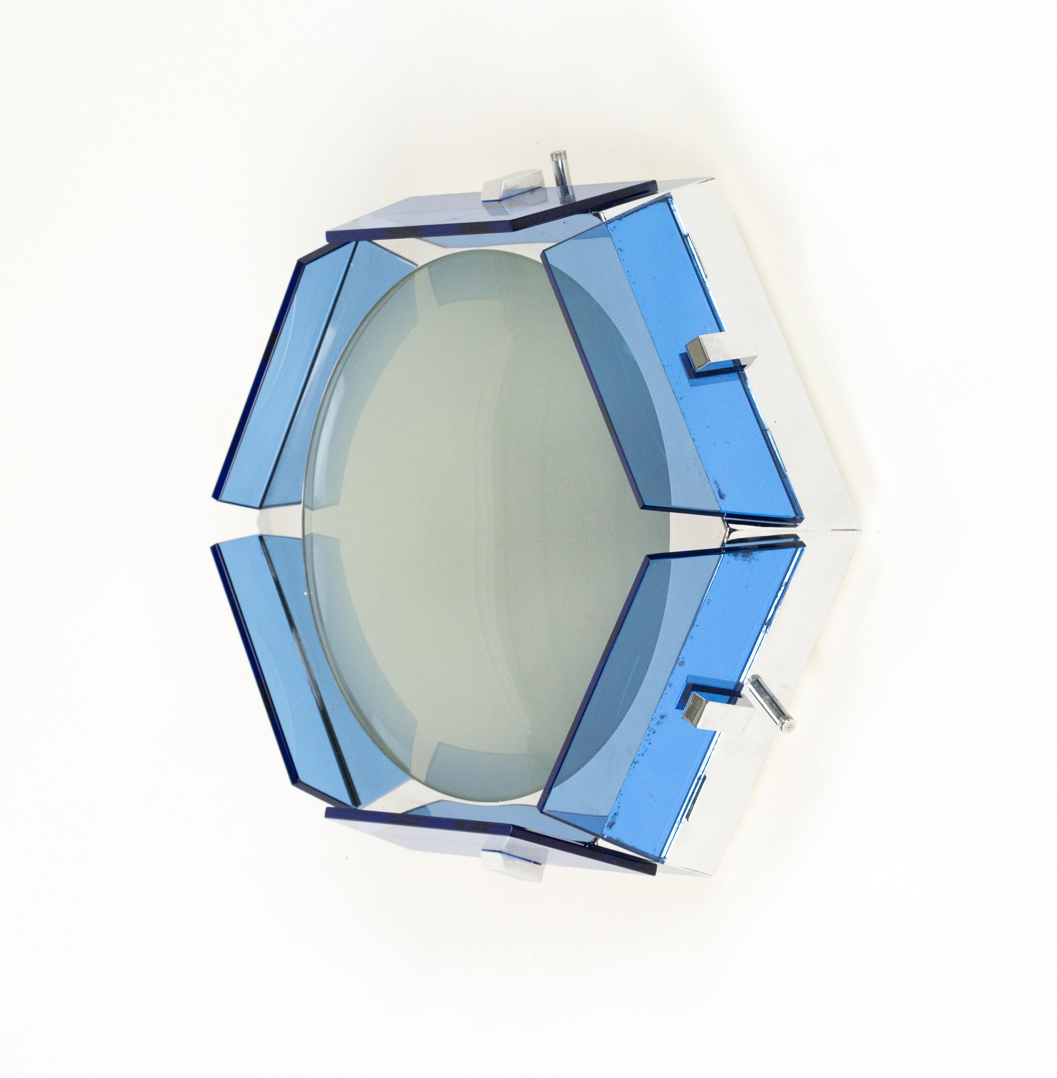 Late 20th Century Midcentury Ceiling Lamp Sconce in Blue Glass and Chrome by Veca, Italy 1970s For Sale