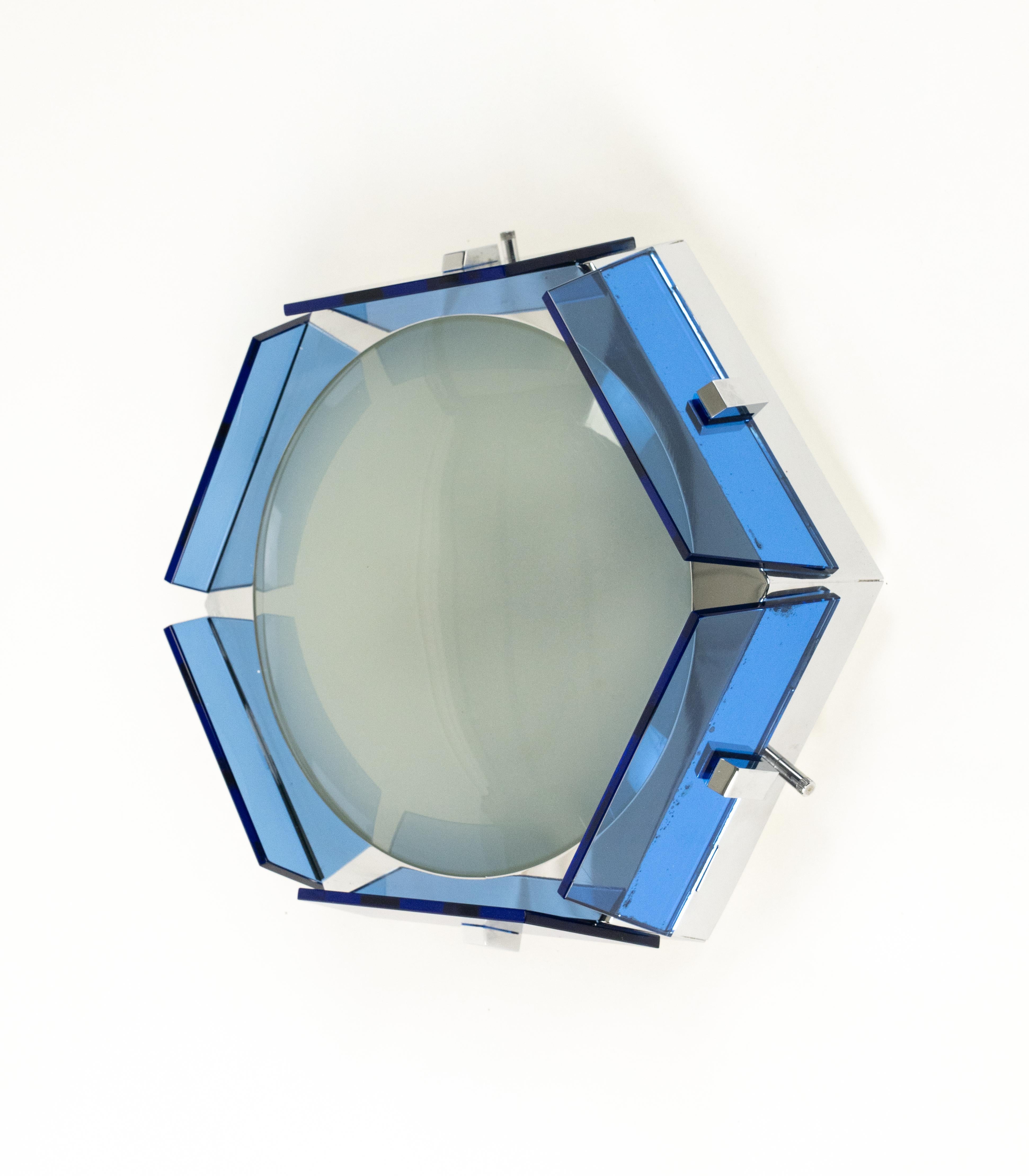Metal Midcentury Ceiling Lamp Sconce in Blue Glass and Chrome by Veca, Italy 1970s For Sale