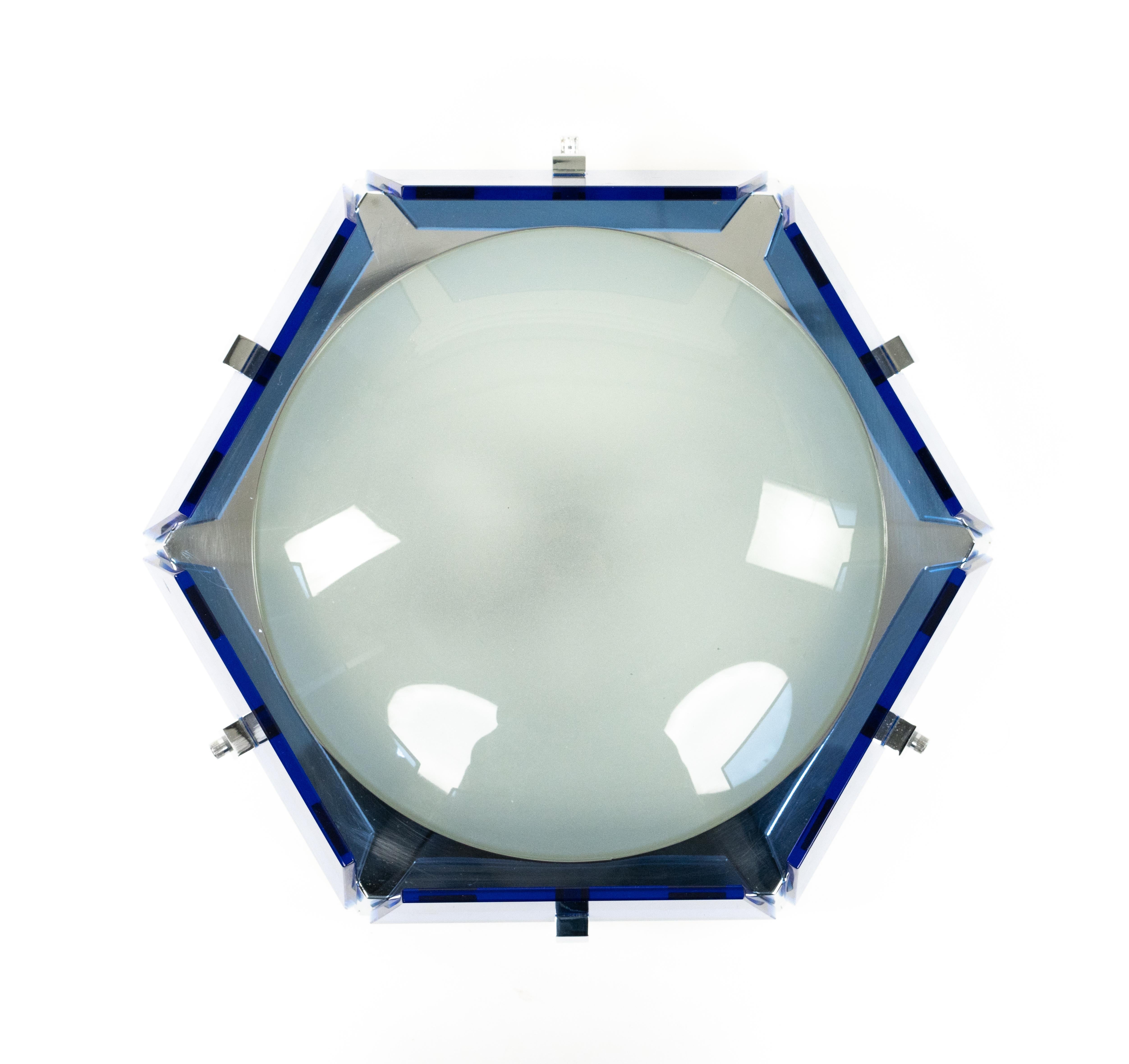 Midcentury Ceiling Lamp Sconce in Blue Glass and Chrome by Veca, Italy 1970s For Sale 1