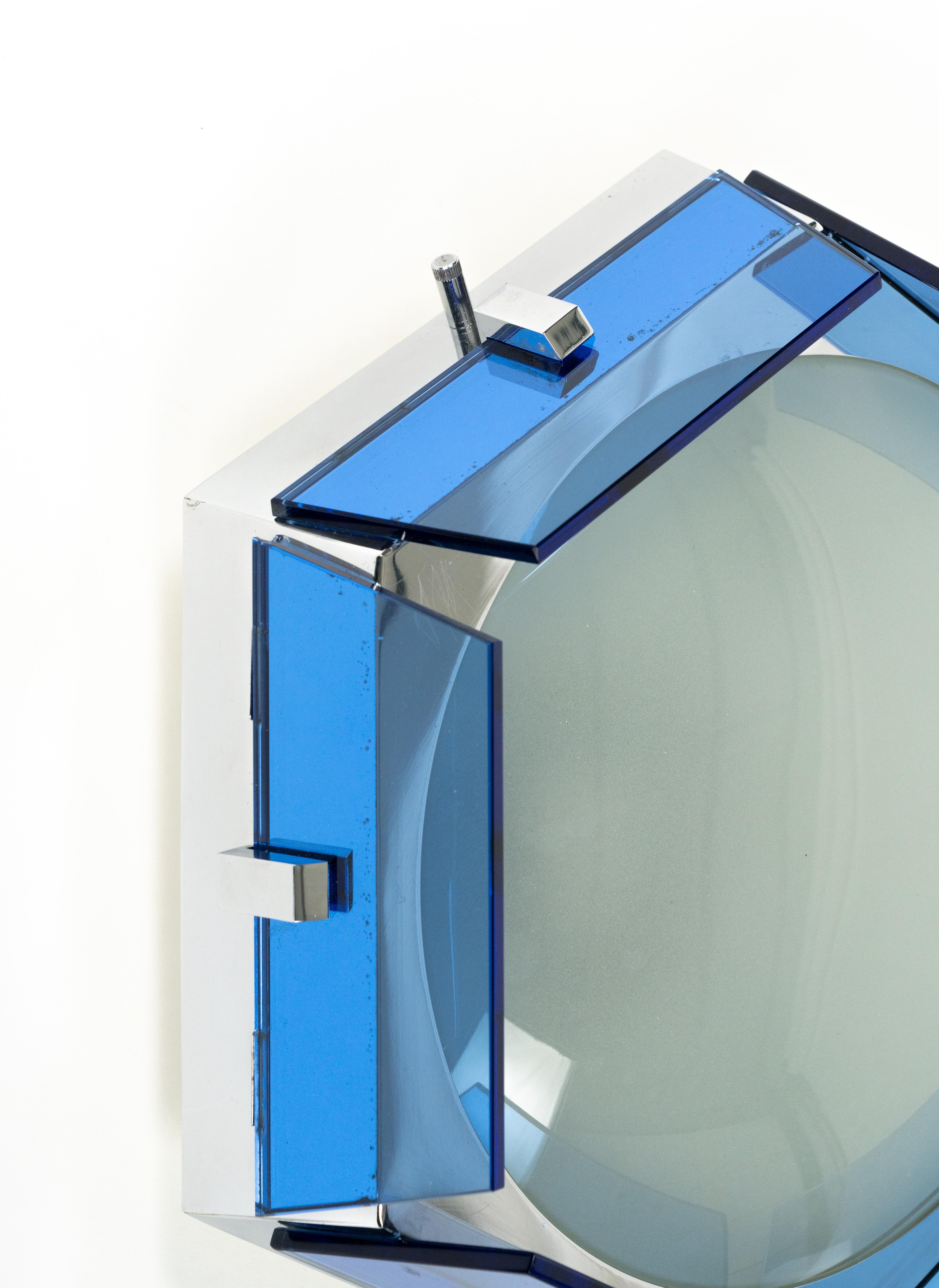 Midcentury Ceiling Lamp Sconce in Blue Glass and Chrome by Veca, Italy 1970s For Sale 2