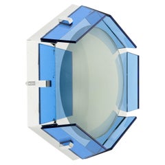 Lampada da soffitto midcentury in vetro blu e cromo di Veca, Italia anni '70