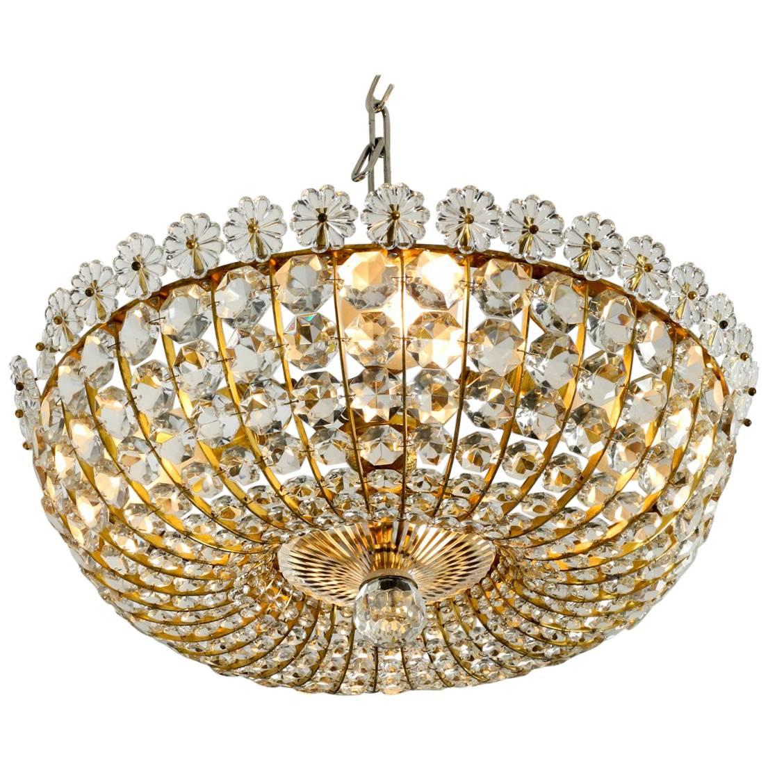 Midcentury Ceiling Lamp with Glass Stones Brass Frame Vereinigten Werkstätten For Sale