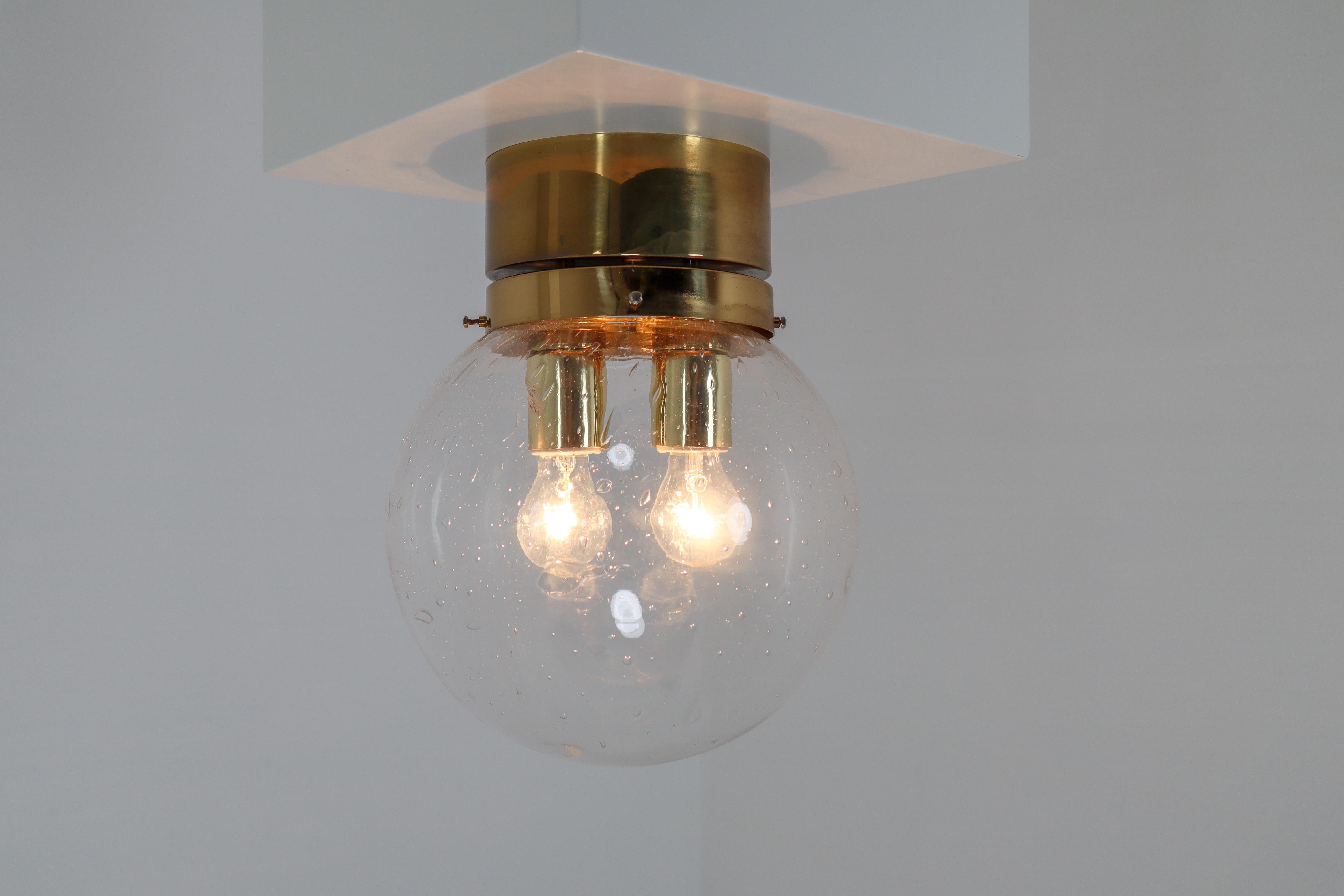 Midcentury Ceiling Light with Brass Frame and Large Hand Blown Glass Globe 1960s For Sale 4