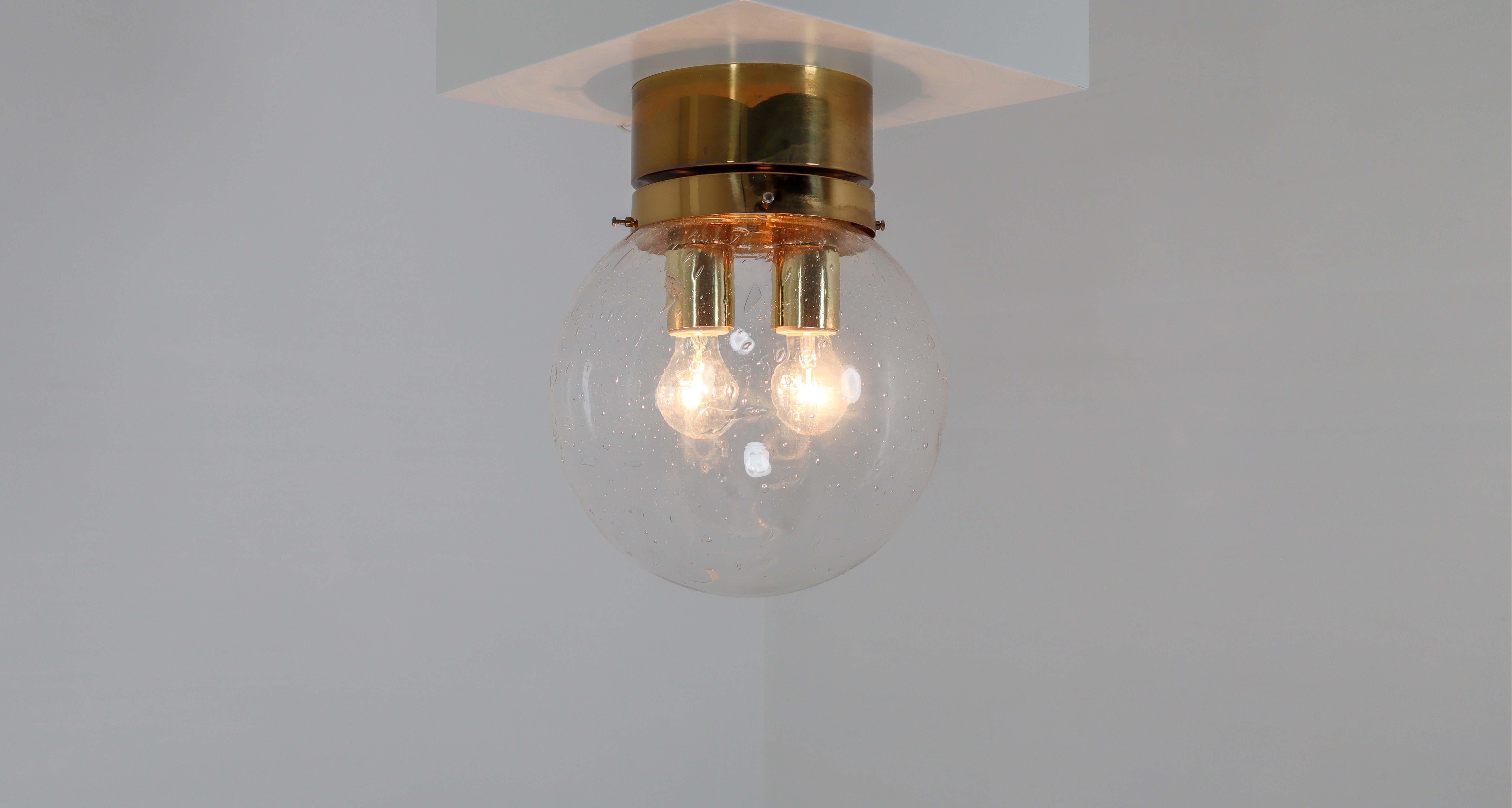 Mid-Century Modern Midcentury Ceiling Light with Brass Frame and Large Hand Blown Glass Globe 1960s For Sale