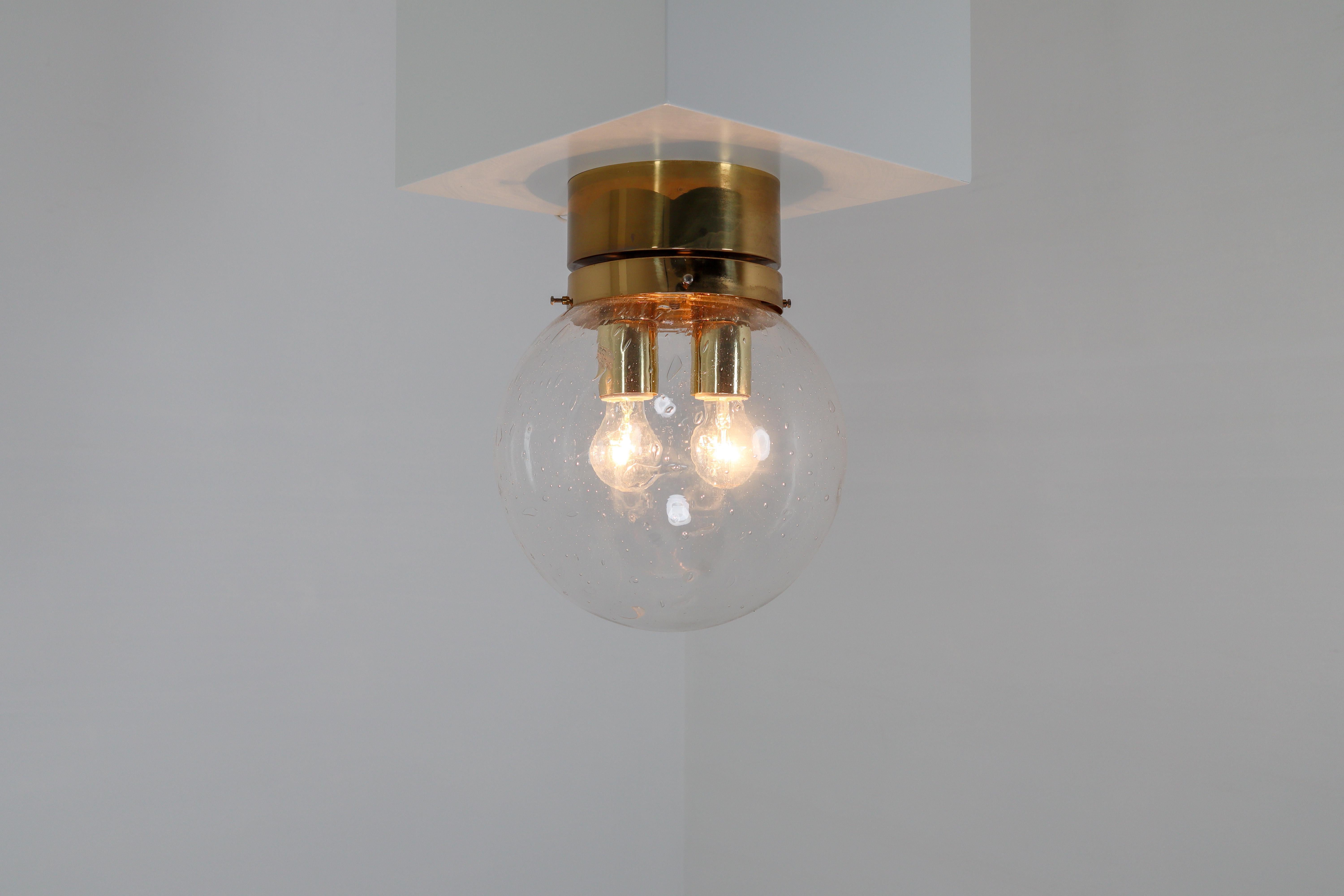 European Midcentury Ceiling Light with Brass Frame and Large Hand Blown Glass Globe 1960s For Sale