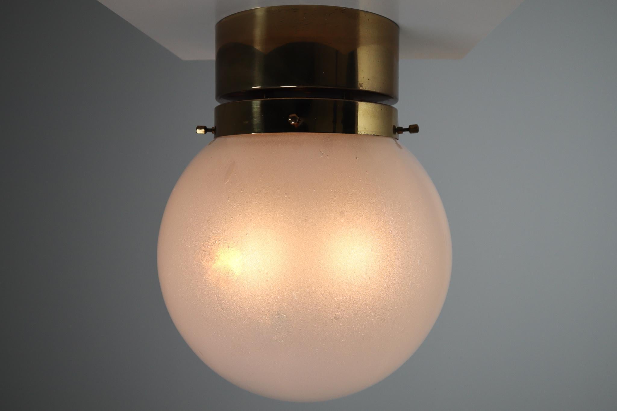 Mid-Century Modern Midcentury Ceiling Light with Brass Frame and White Frosted Glass Globe, 1960s For Sale