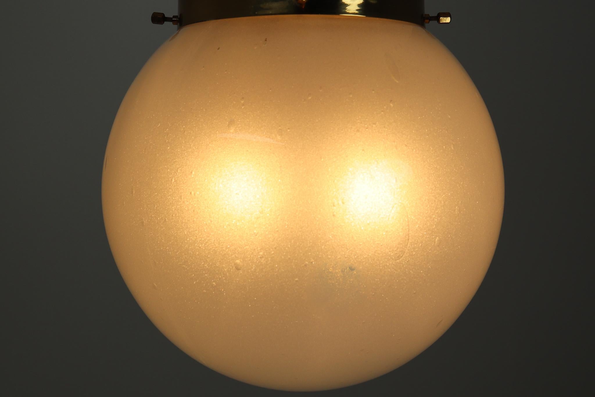 European Midcentury Ceiling Light with Brass Frame and White Frosted Glass Globe, 1960s For Sale