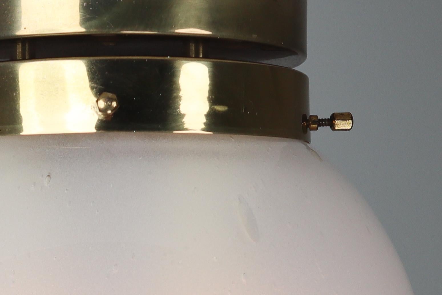 Midcentury Ceiling Light with Brass Frame and White Frosted Glass Globe, 1960s In Good Condition For Sale In Almelo, NL